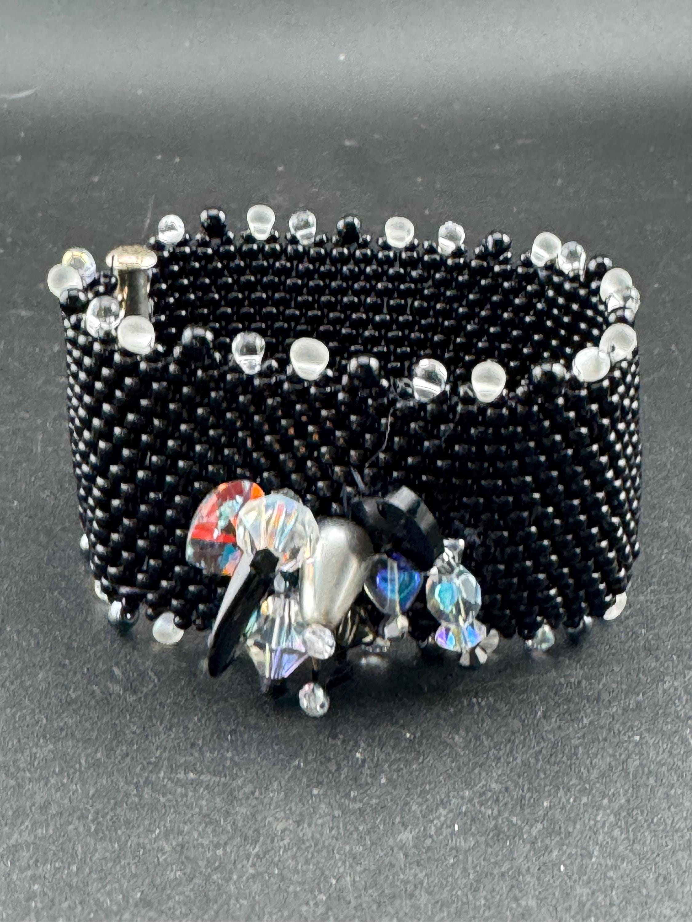 Vintage wide black seed bead woven bracelet set with Aurora borealis beads