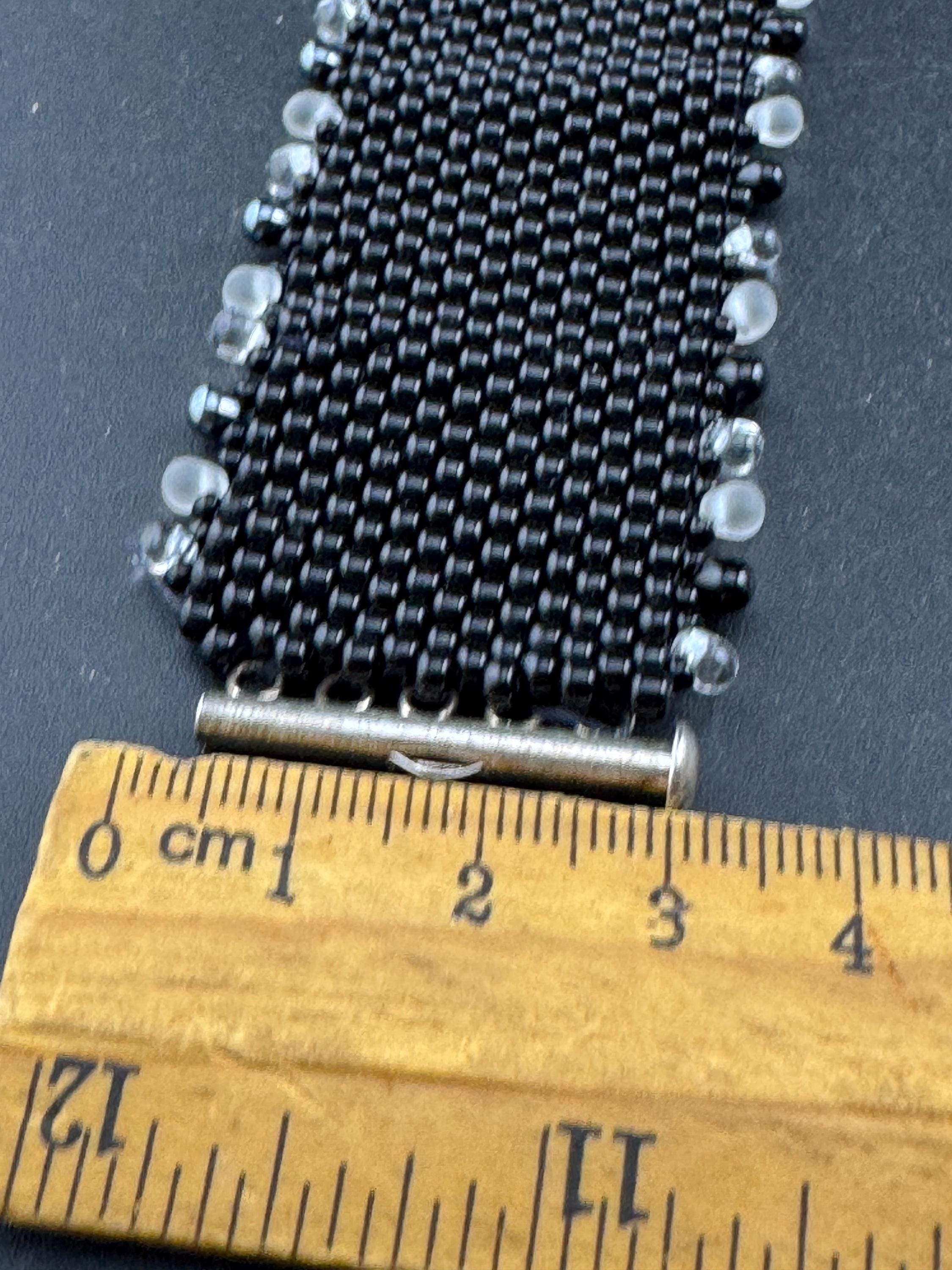 Vintage wide black seed bead woven bracelet set with Aurora borealis beads