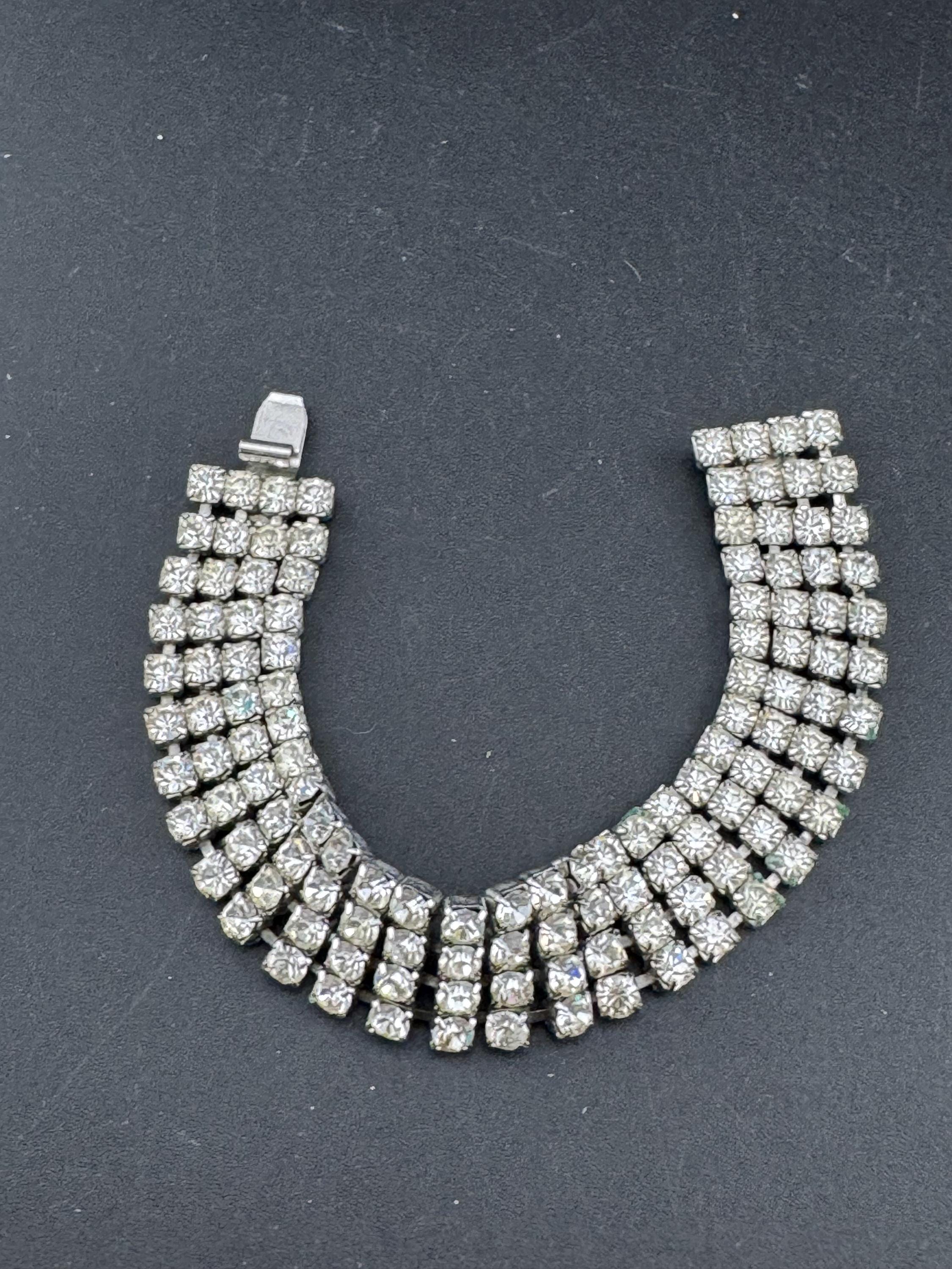 Vintage wide 4 row silver clear diamanté crystal cocktail tennis bracelet