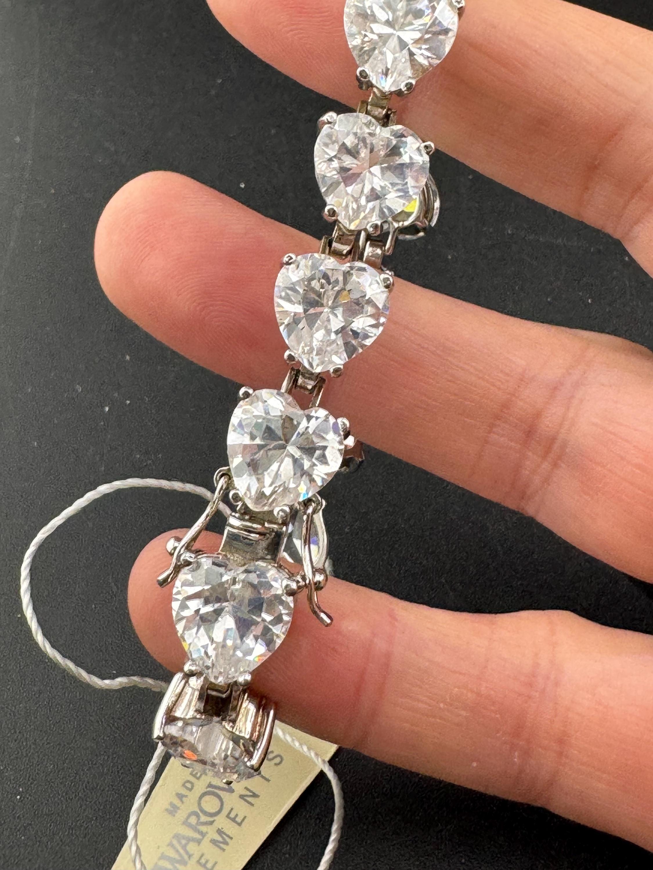 Retro Swarovski Crystal wide silver clear love heart cocktail tennis bracelet