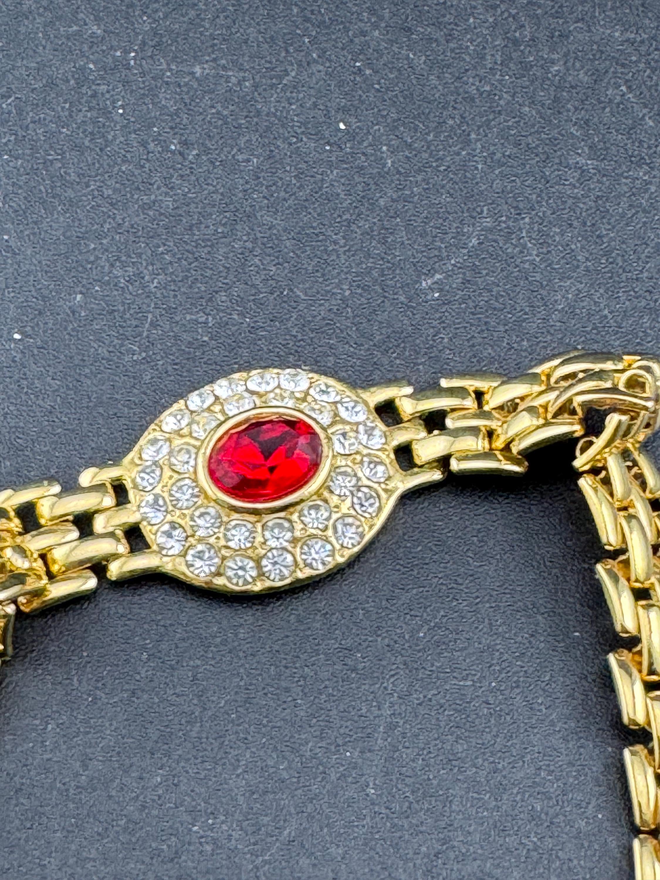 Vintage gold panther link ruby red crystal cocktail bracelet