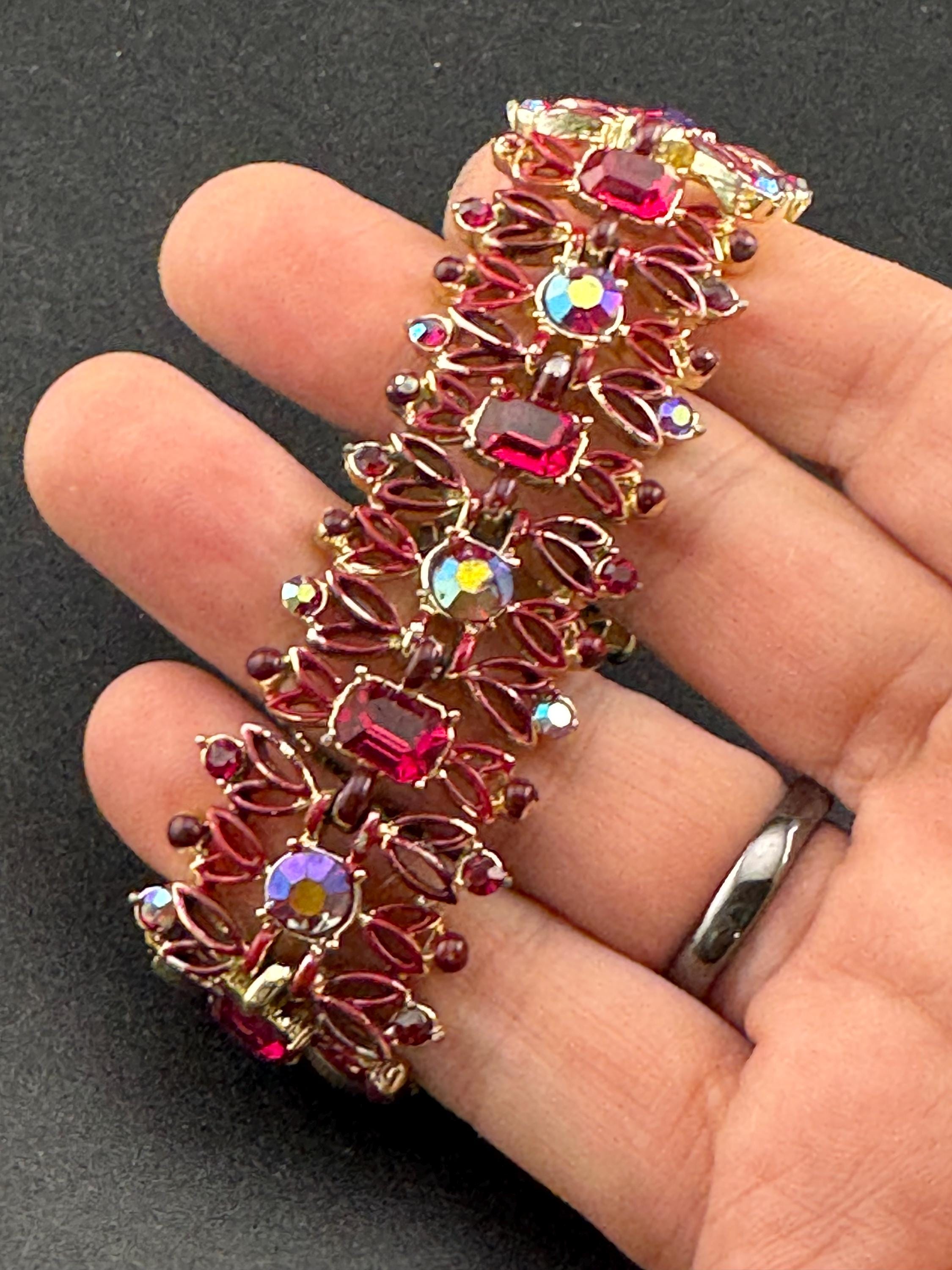 Signed Jewelcraft Vintage gold tone wide ruby red diamanté bracelet