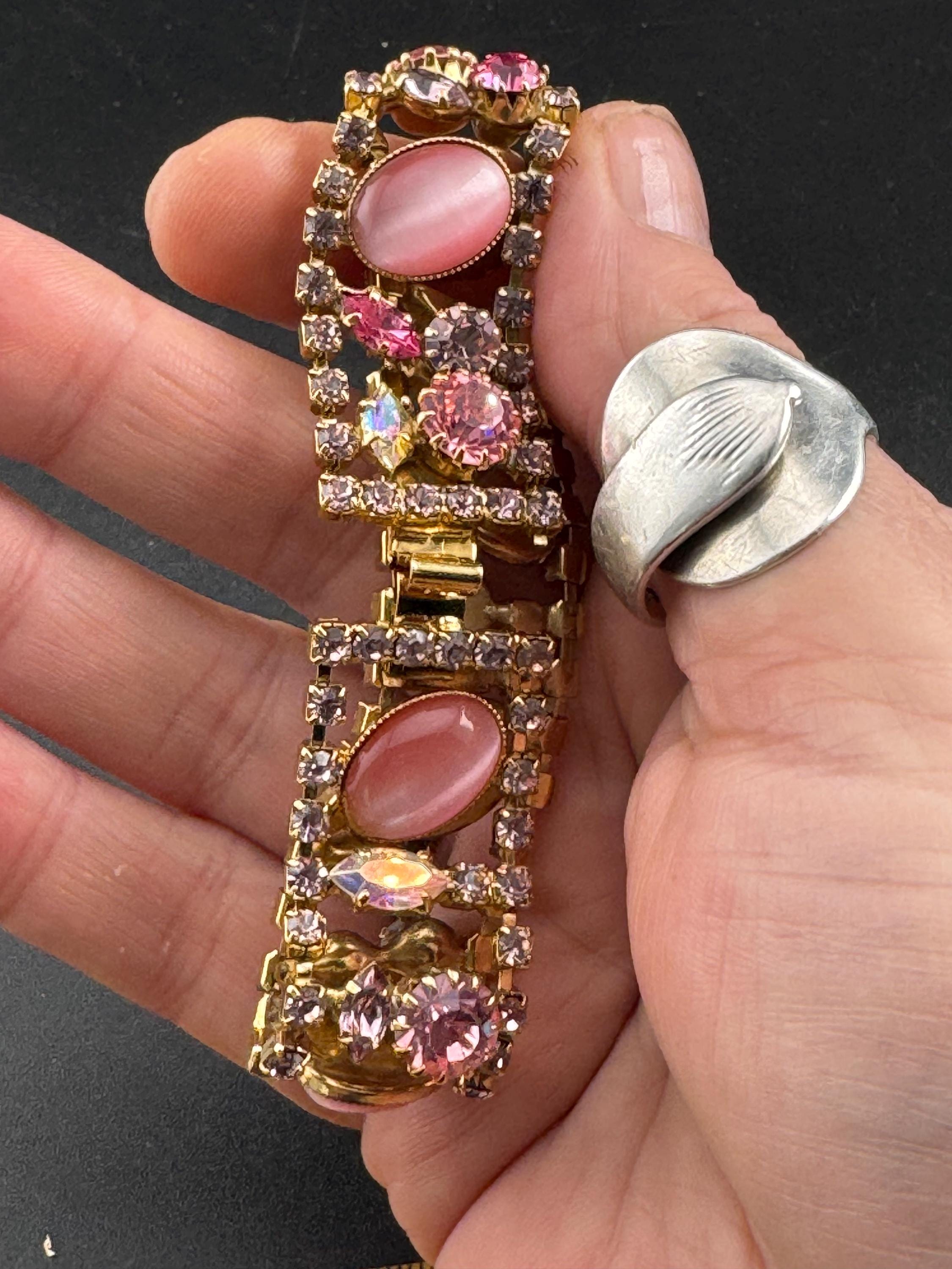 Vintage Pink diamanté cats eye cabocho gold tone cocktail bracelet 19cm