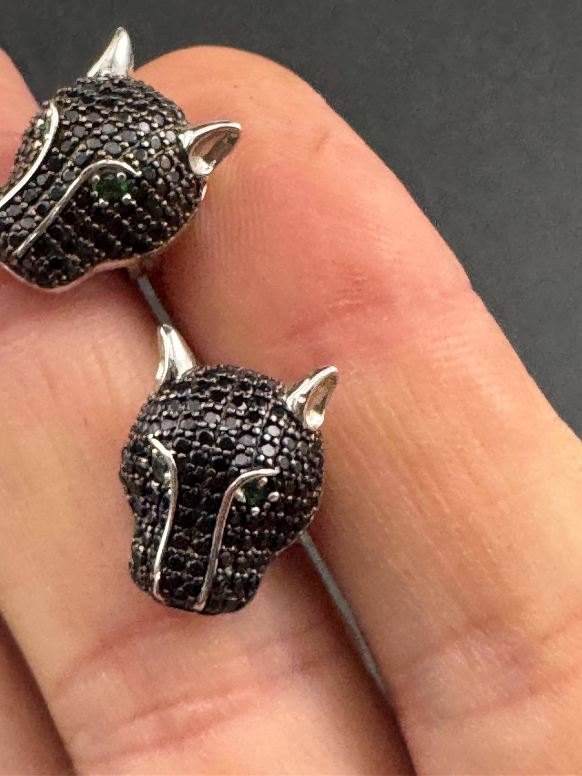 Sterling Silver Leopard Stud Earrings, Black CZ Crystal Eyes