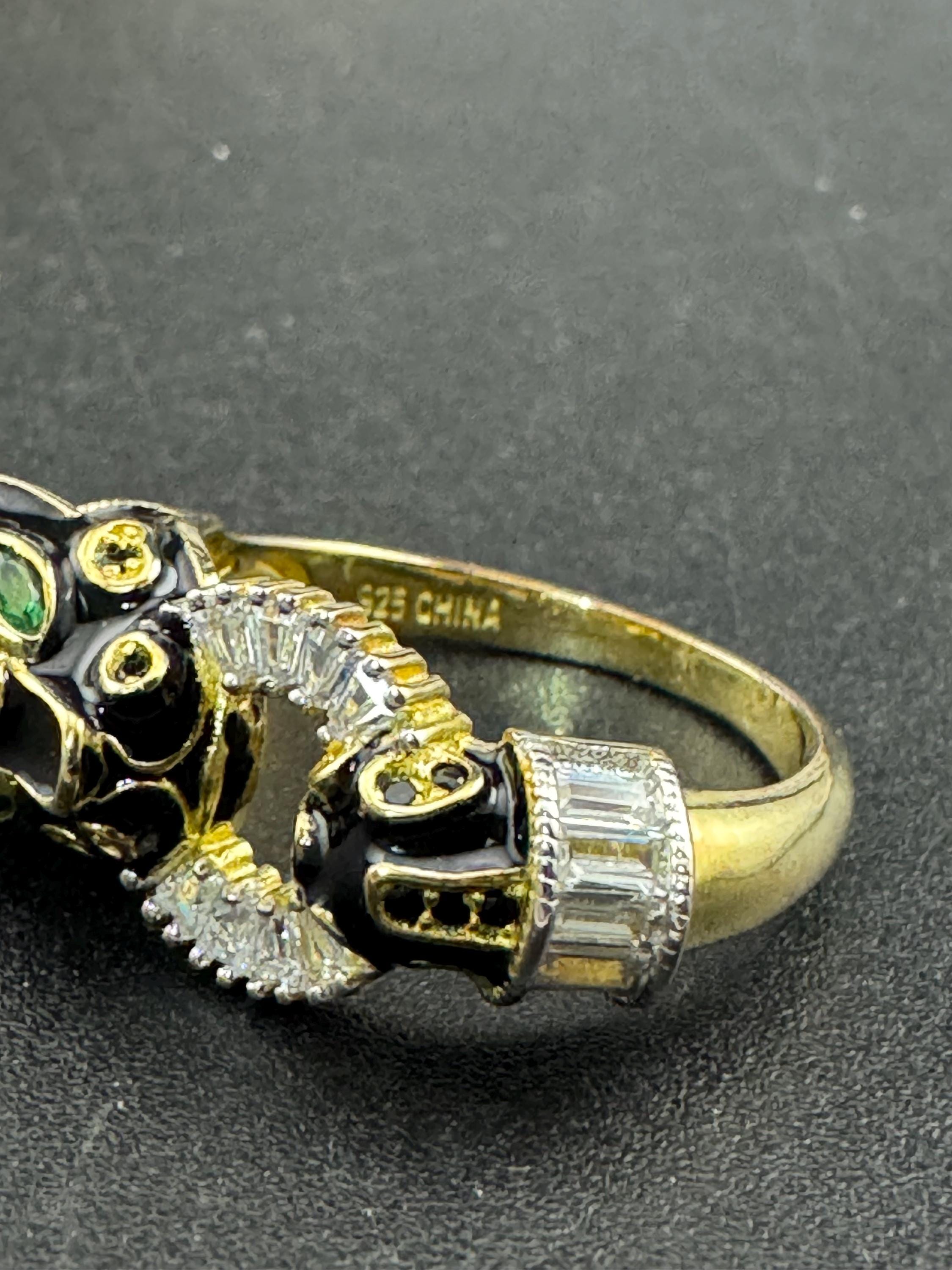 Gold over Sterling Silver Leopard Ring, Black Enamel CZ