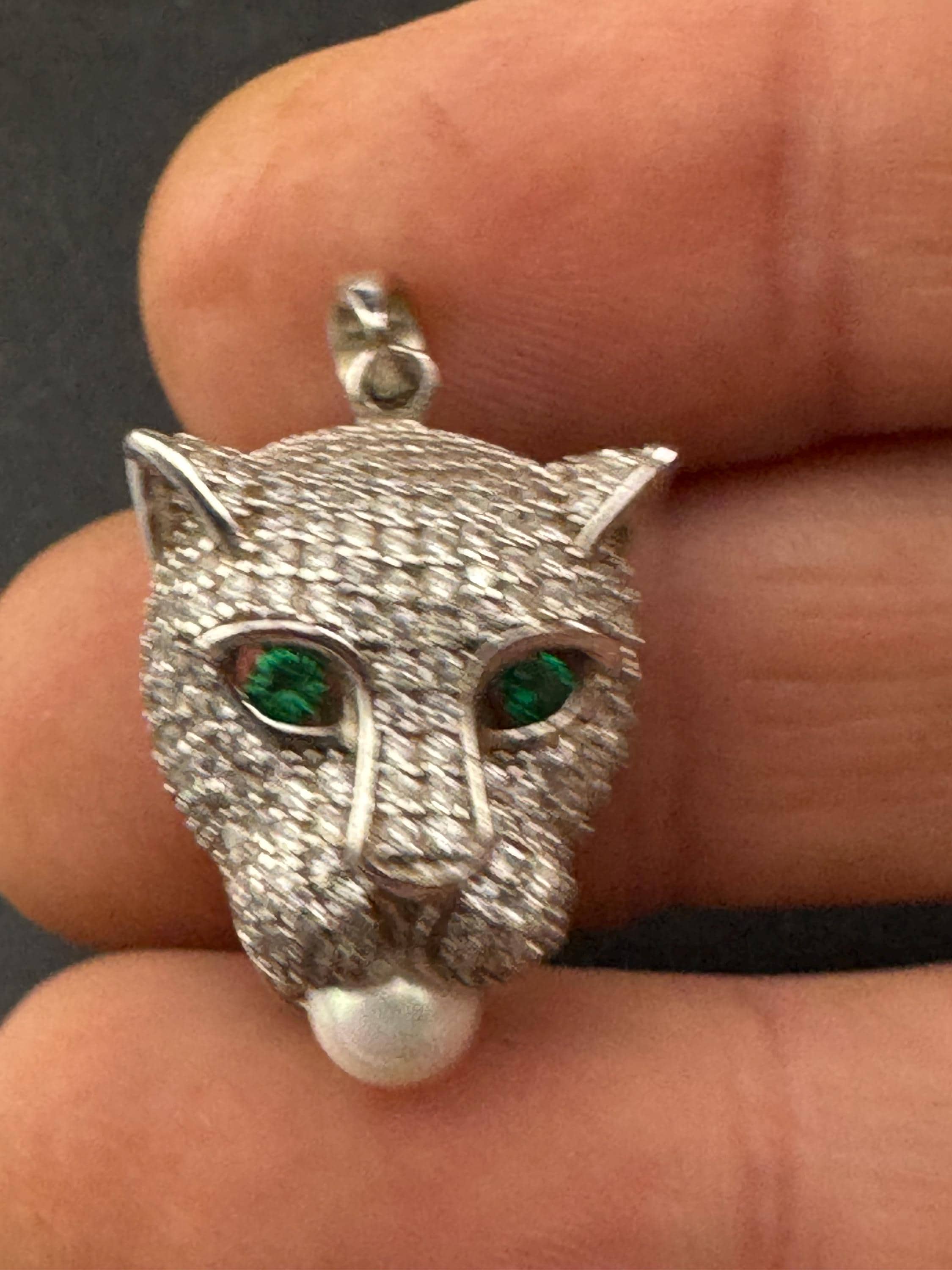 CZ Leopard Pendant – Sterling Silver Big Cat Necklace, Faux Pearl