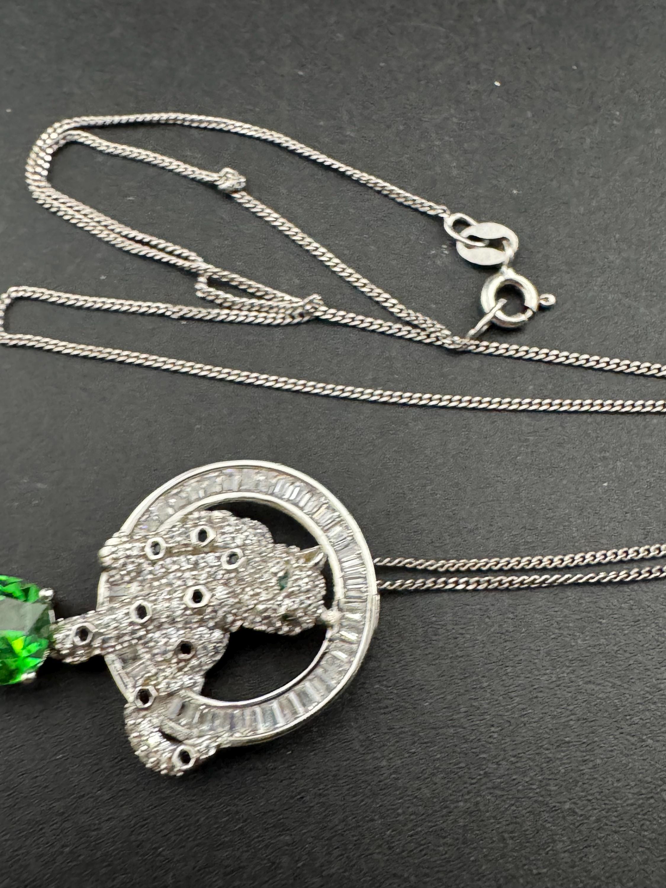 925 emerald CZ Leopard Pendant - Big Cat Necklace by cote d argent , Sterling Silver