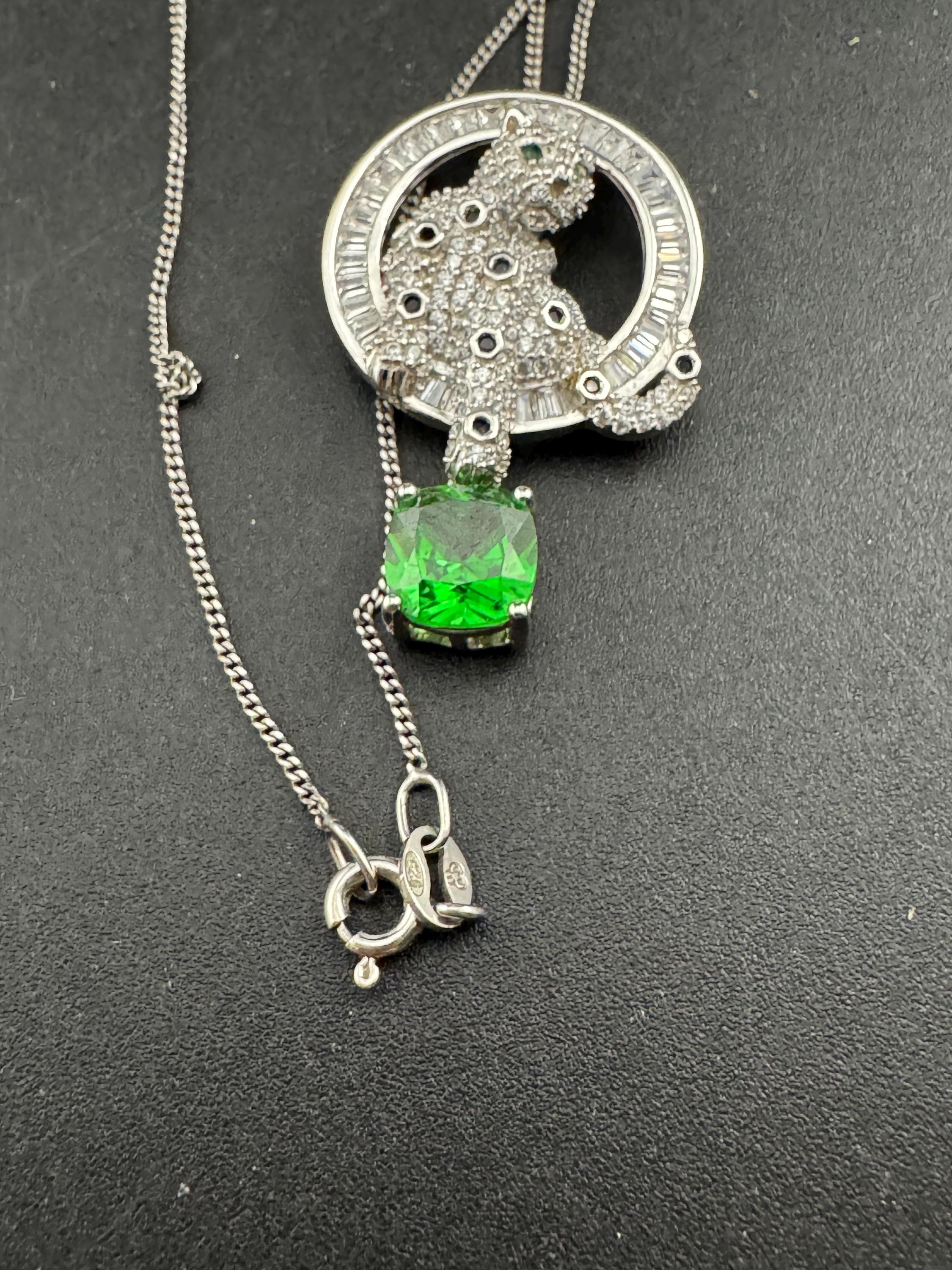 925 emerald CZ Leopard Pendant - Big Cat Necklace by cote d argent , Sterling Silver