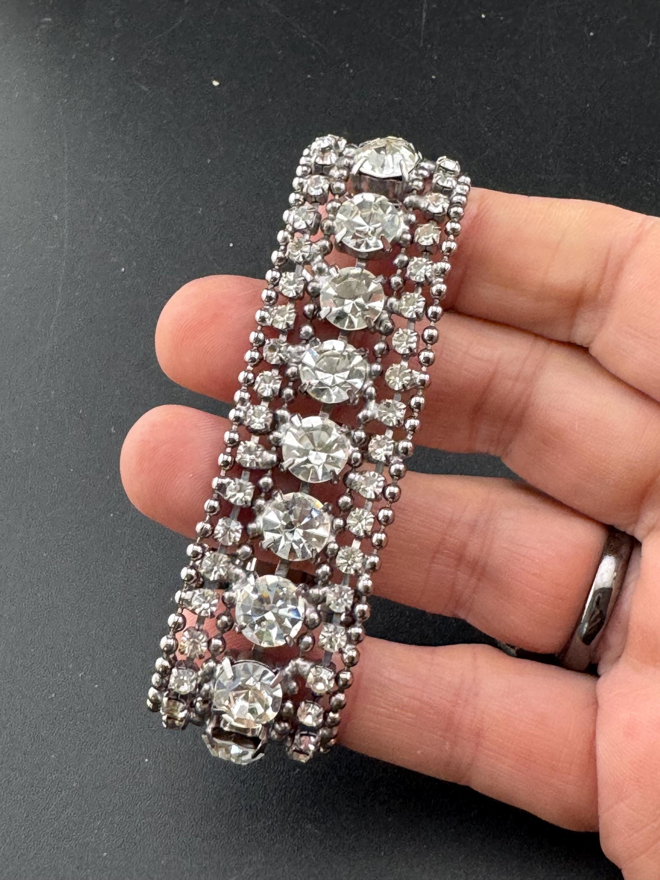 Vintage 2.5cm wide silver clear diamanté crystal cocktail tennis bracelet