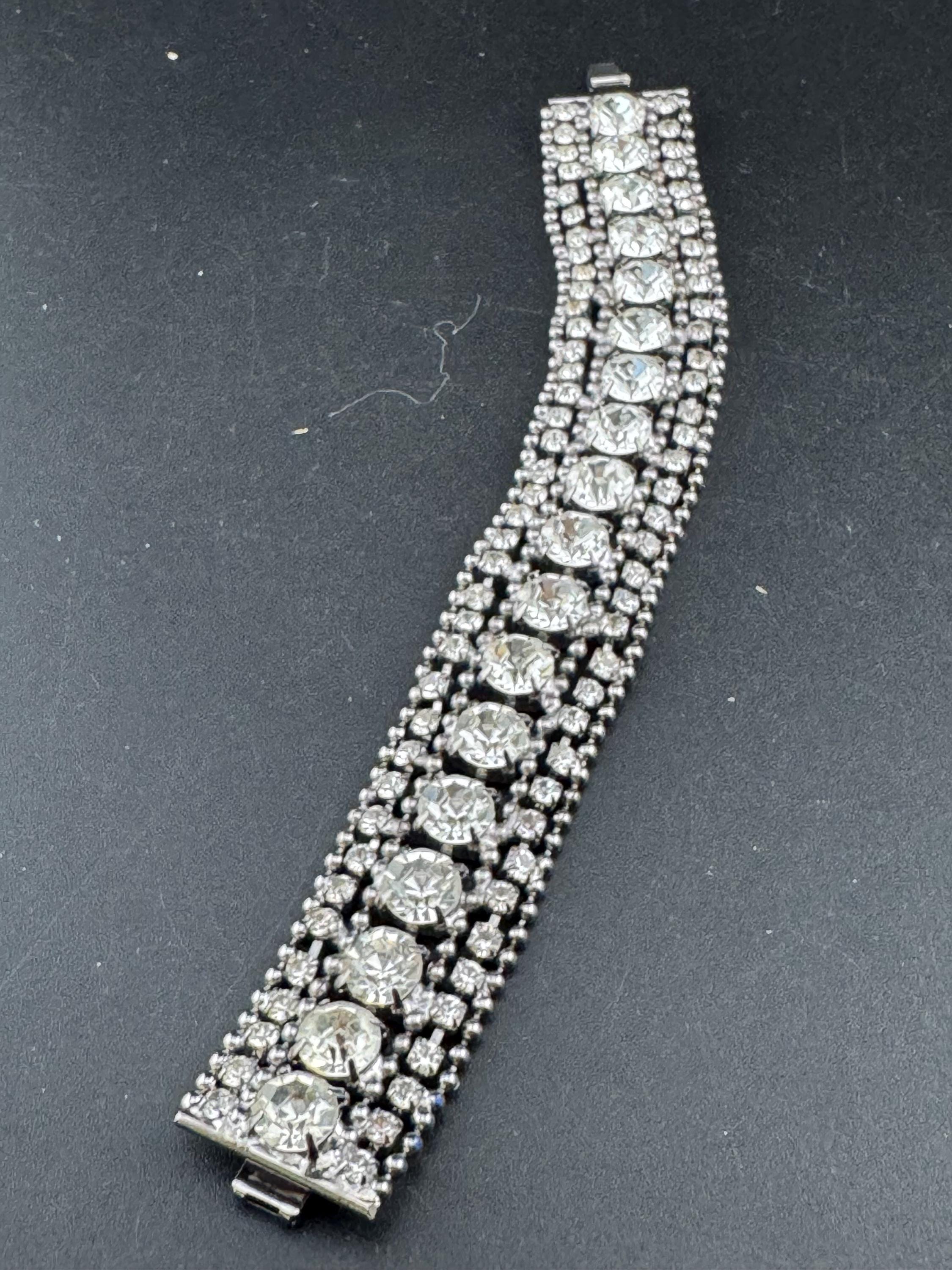Vintage 2.5cm wide silver clear diamanté crystal cocktail tennis bracelet