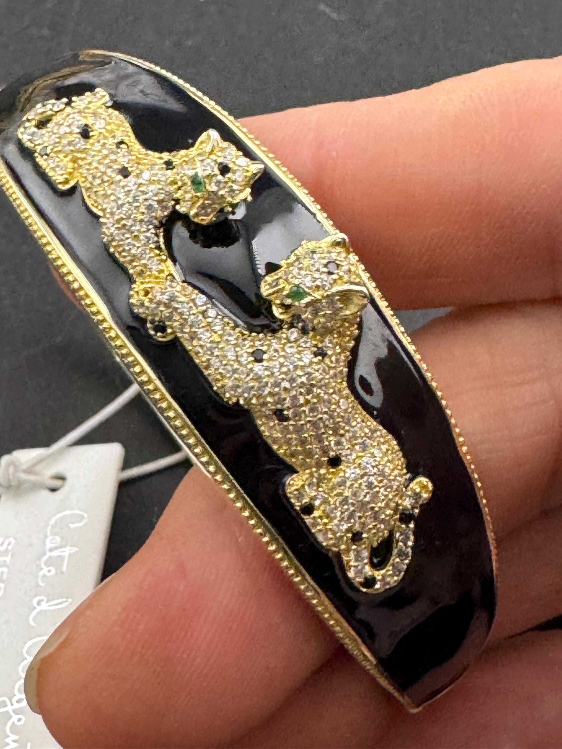 Black Enamel Leopard Bangle, Gold Vermeil Sterling Silver, CZ Hinged Bracelet