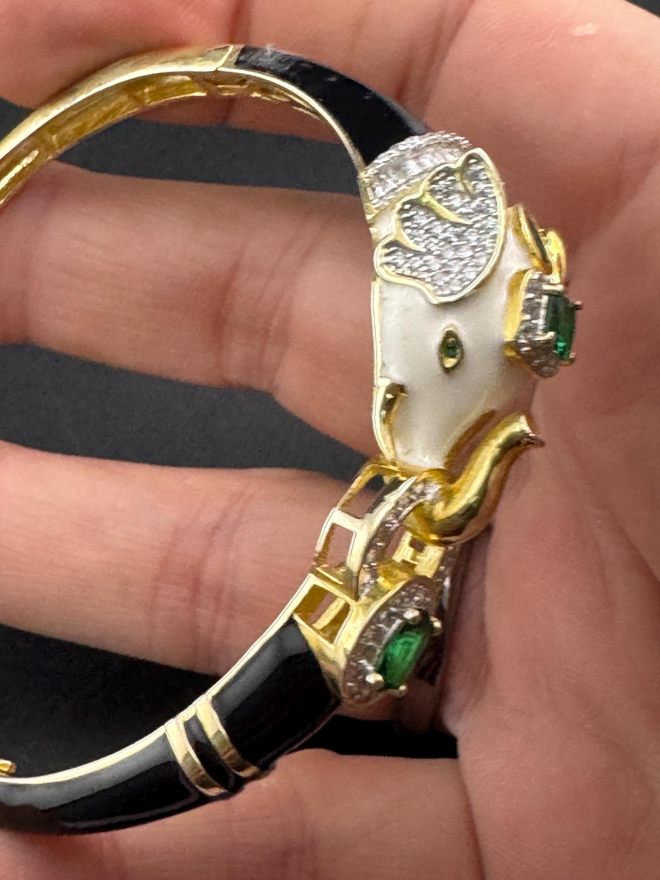 Enamel Elephant Bangle, CZ, Gold over Sterling Silver