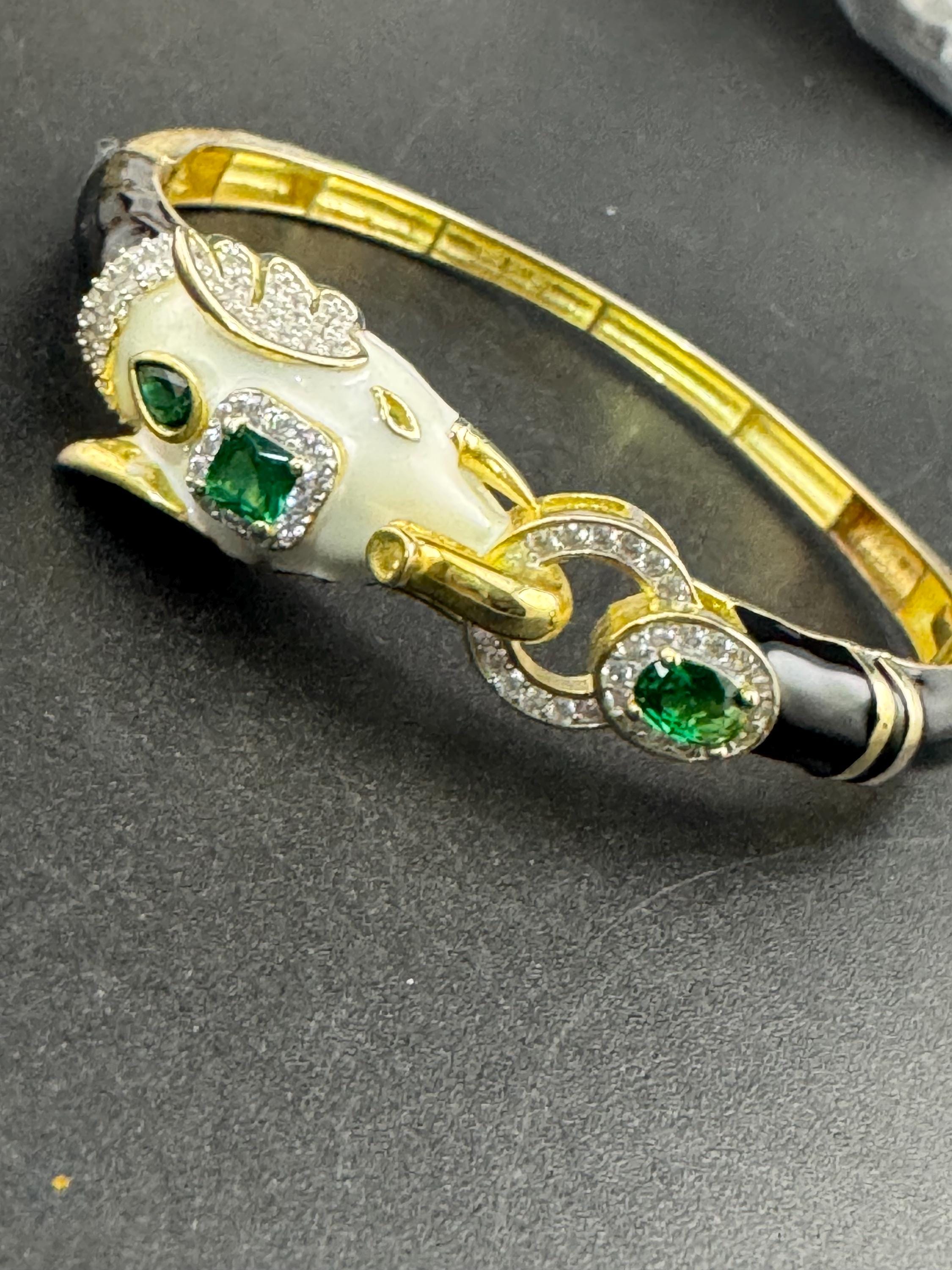 Enamel Elephant Bangle, CZ, Gold over Sterling Silver