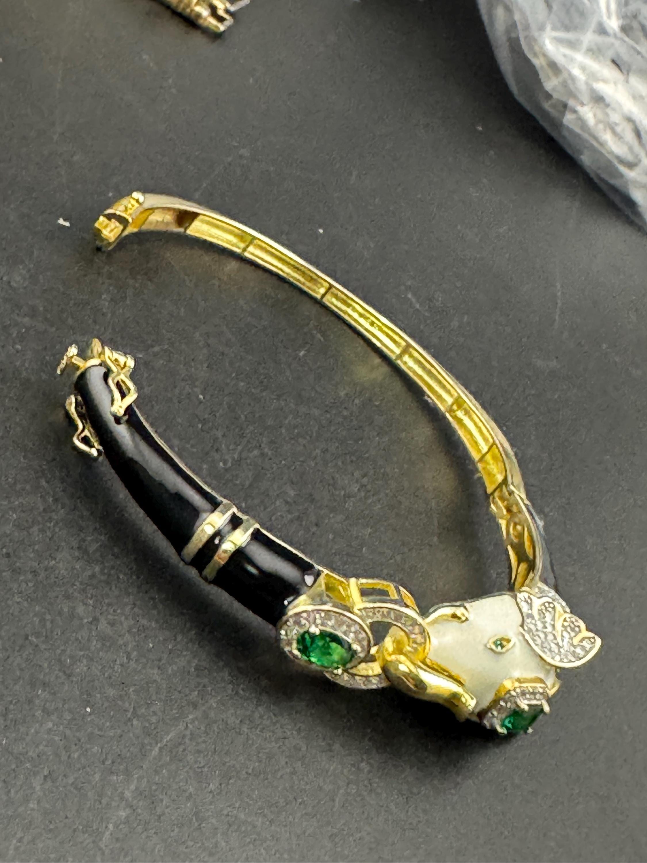 Enamel Elephant Bangle, CZ, Gold over Sterling Silver