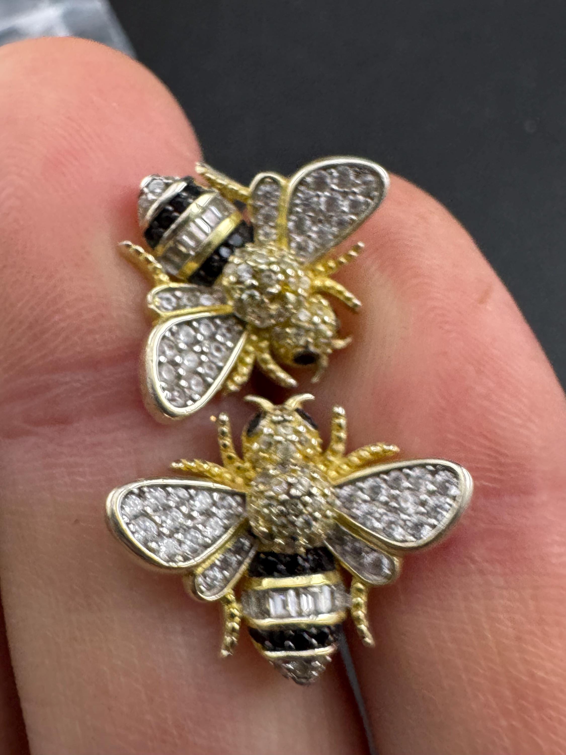 925 gold vermeil cz enamel Bee stud earrings, sterling silver by cote d argent