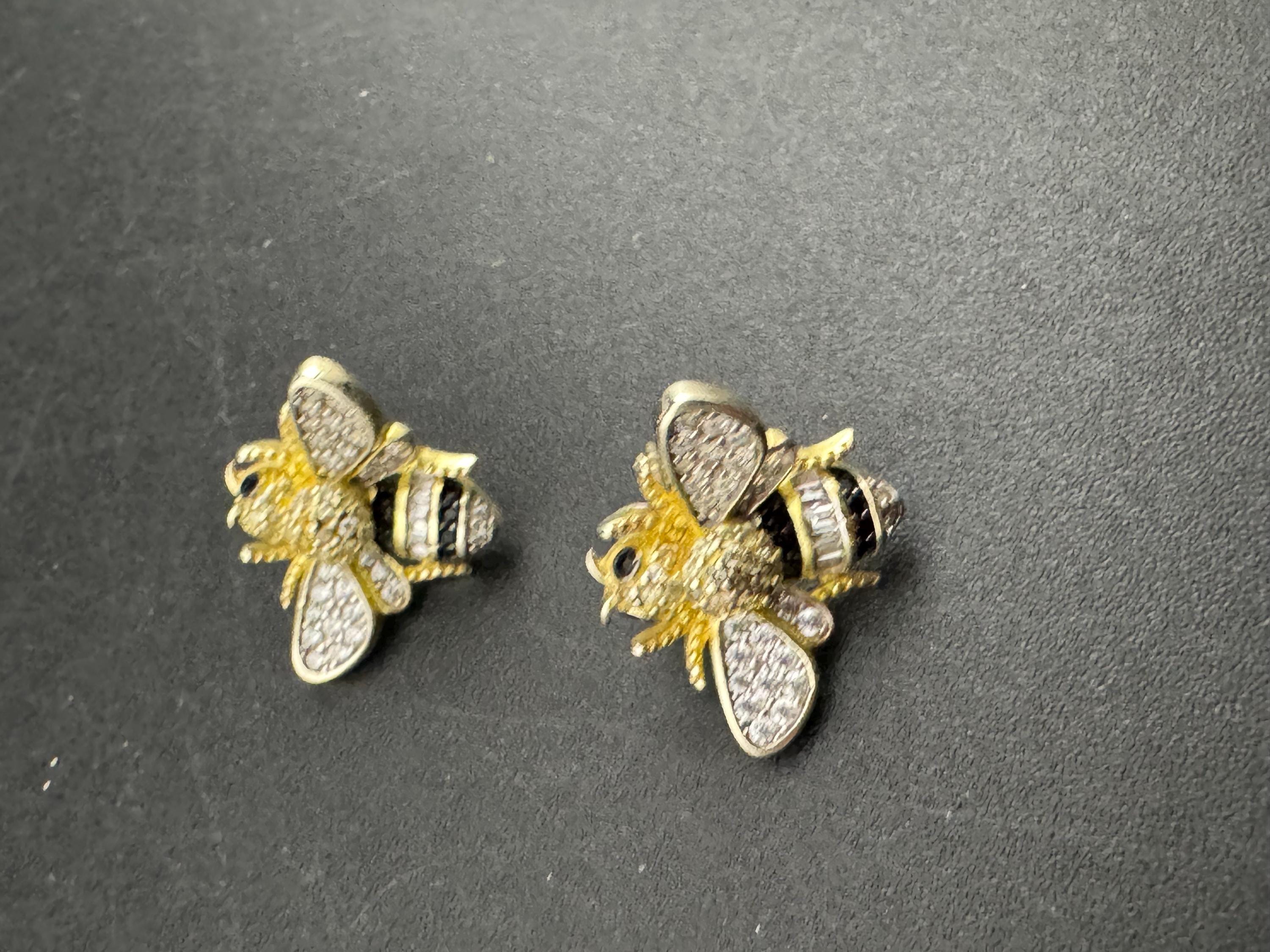 925 gold vermeil cz enamel Bee stud earrings, sterling silver by cote d argent