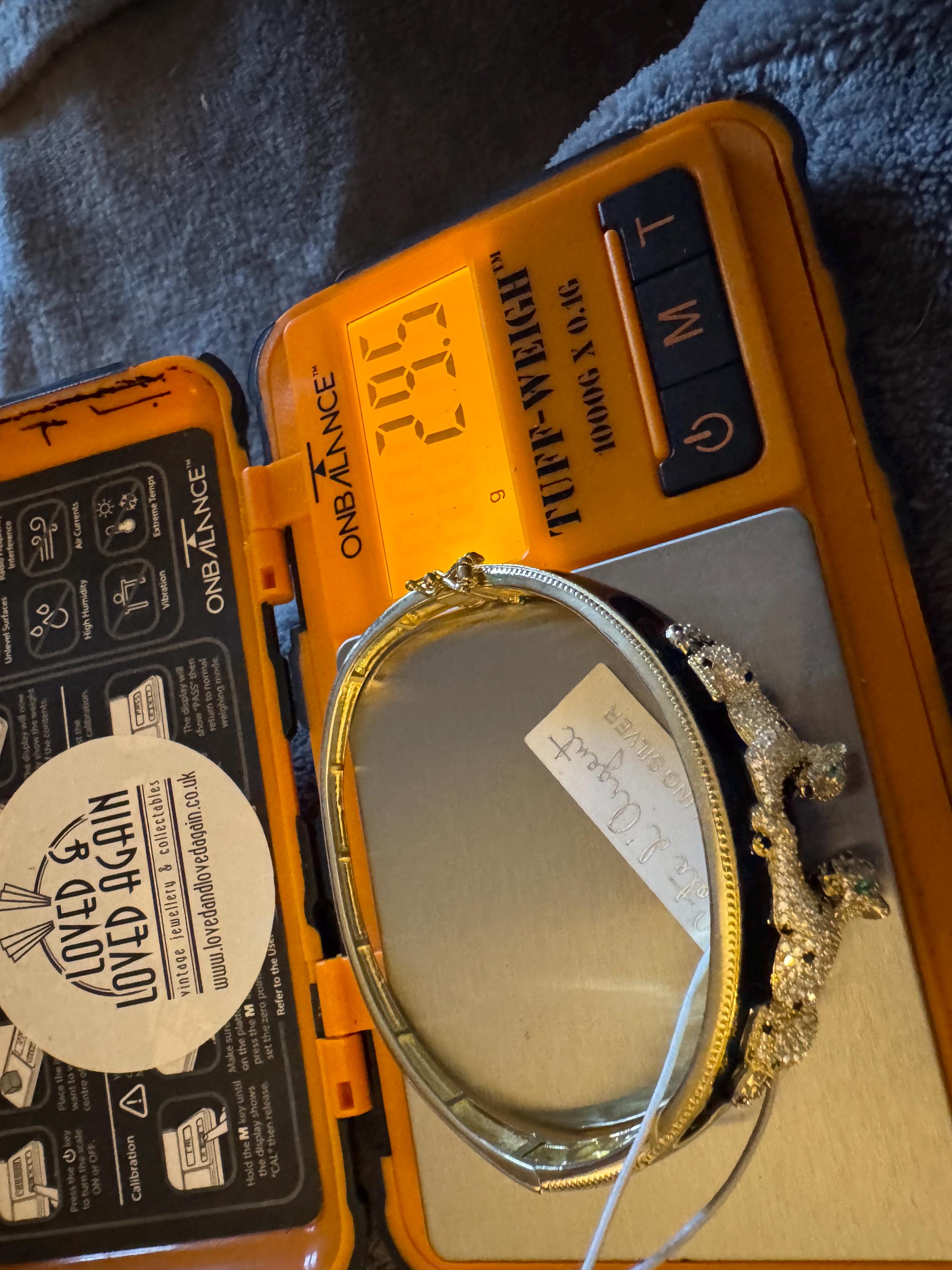 Black Enamel Leopard Bangle, Gold Vermeil Sterling Silver, CZ Hinged Bracelet