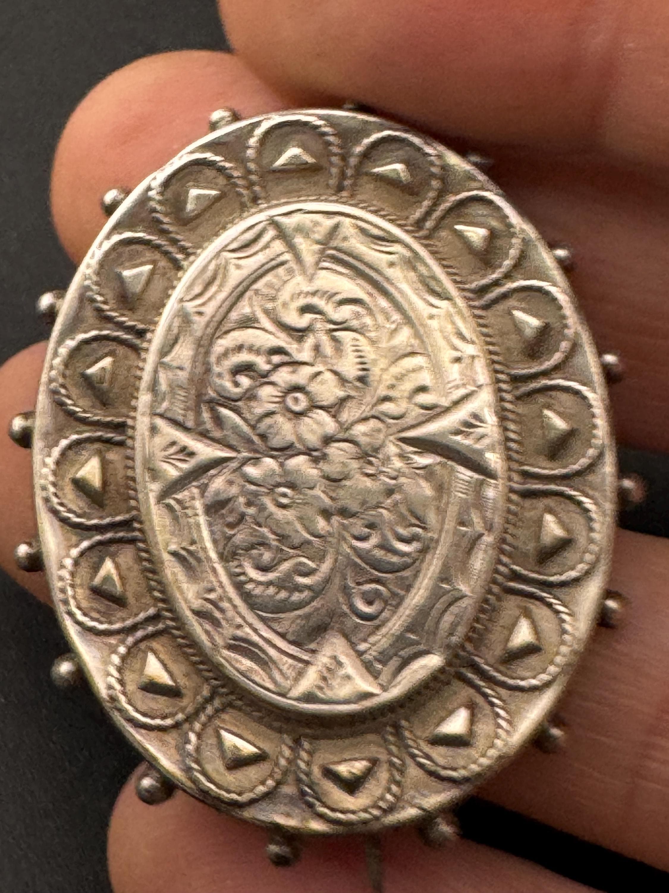 Victorian Etched Mourning Brooch, White Metal Oval