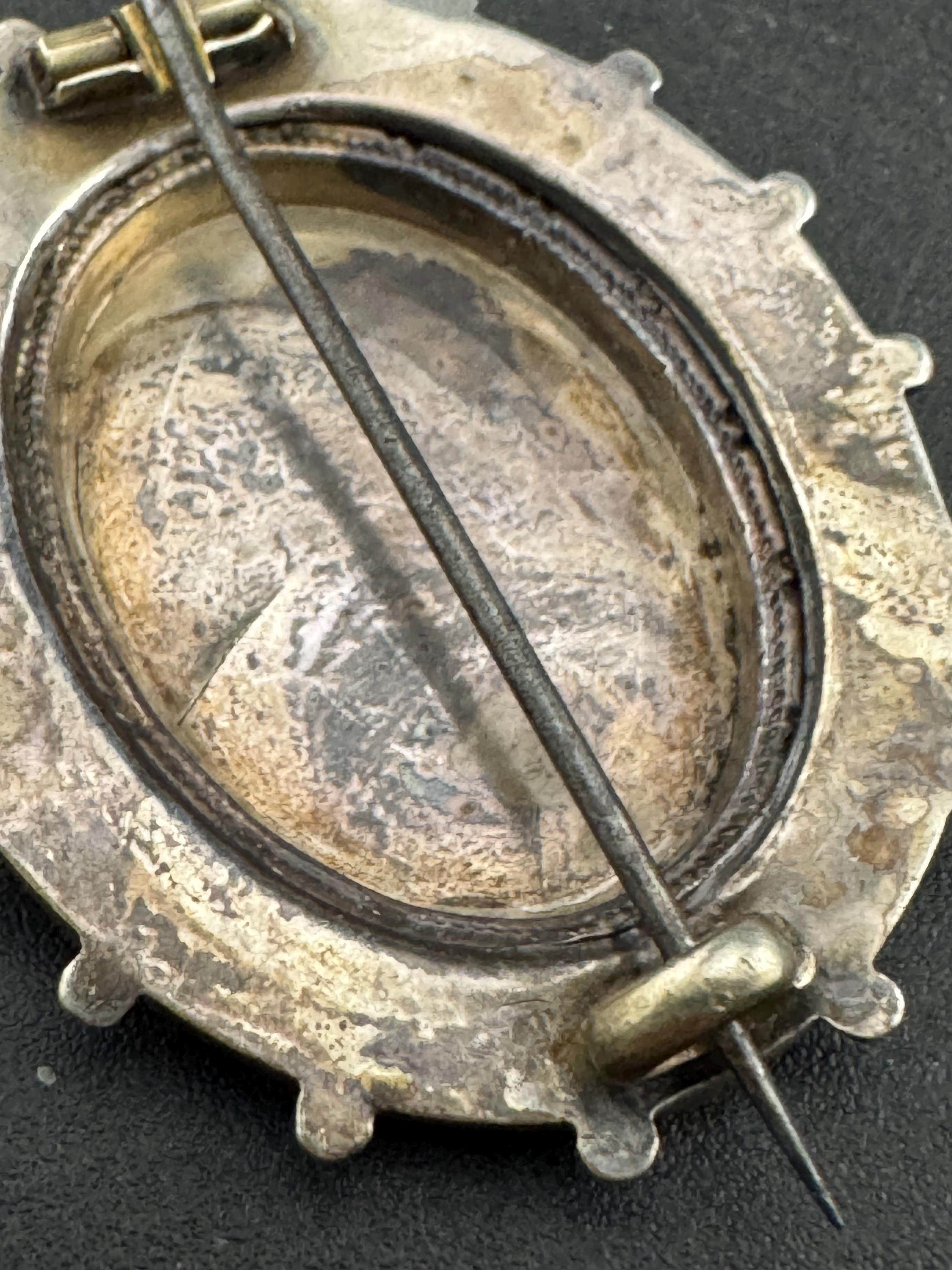 Victorian Etched Mourning Brooch, White Metal Oval