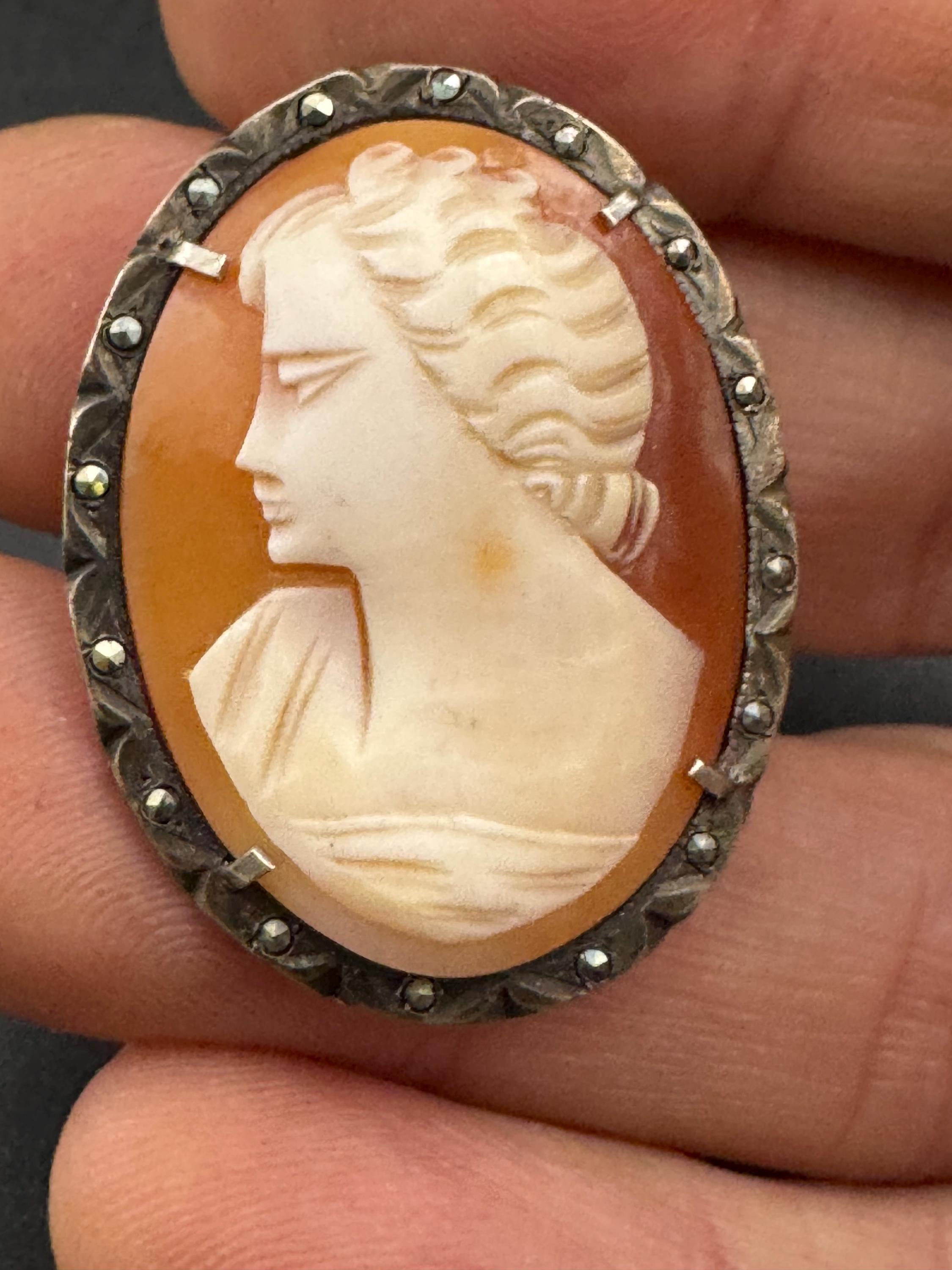 Antique Carved Cameo Brooch: 800 Continental Silver, Art Deco