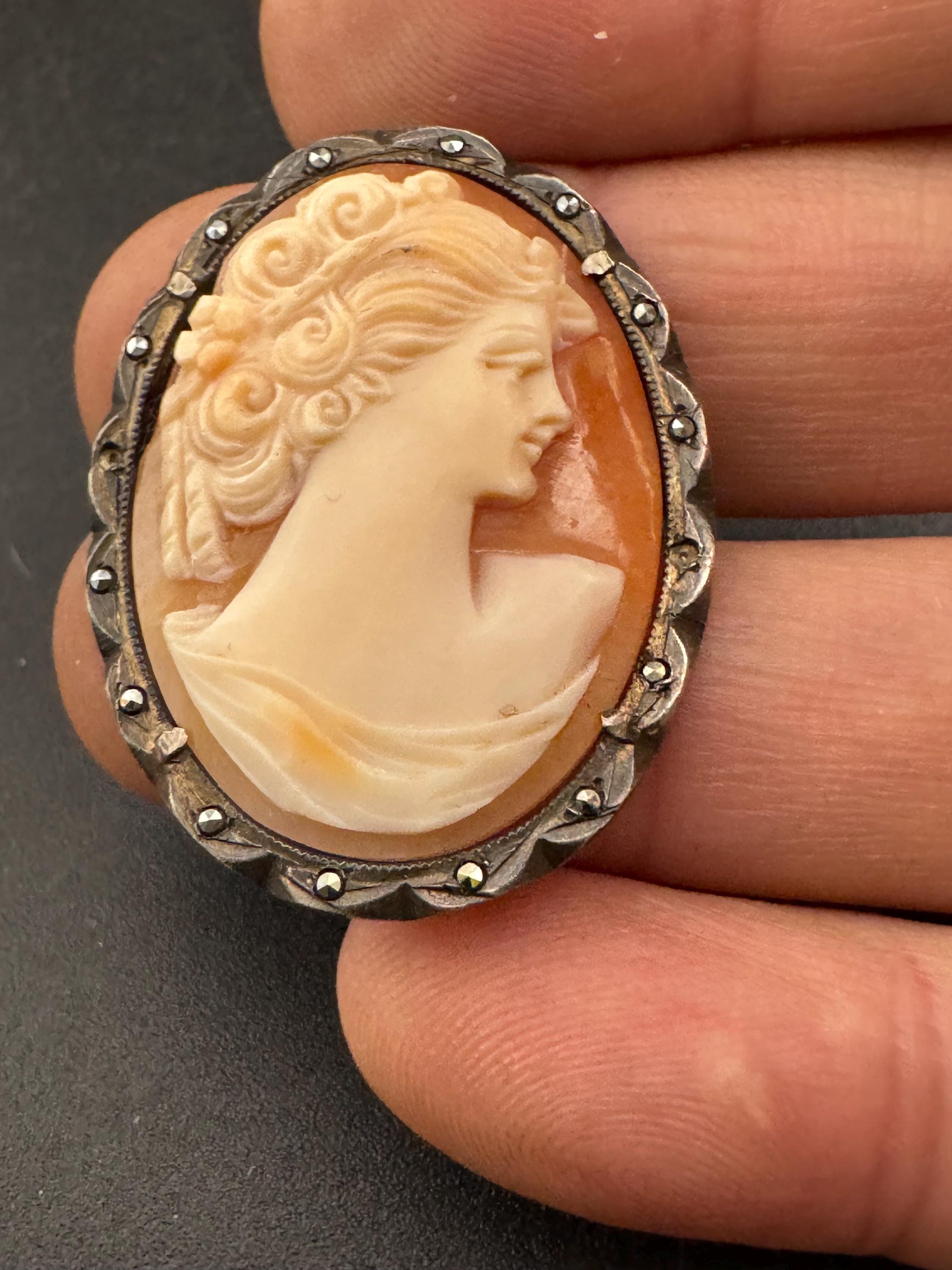 Antique Carved Cameo Brooch: 800 Continental Silver, Art Deco