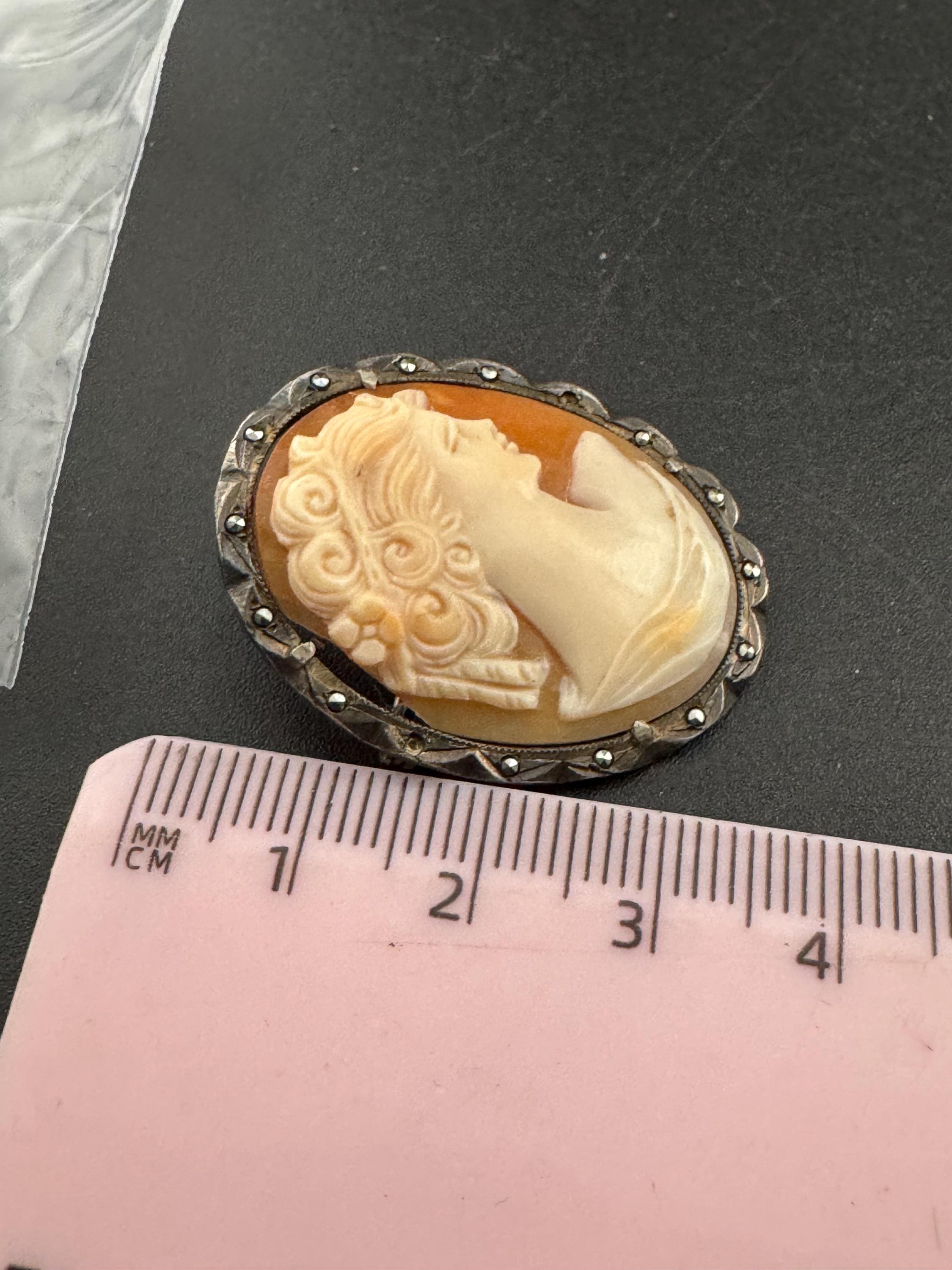 Antique Carved Cameo Brooch: 800 Continental Silver, Art Deco
