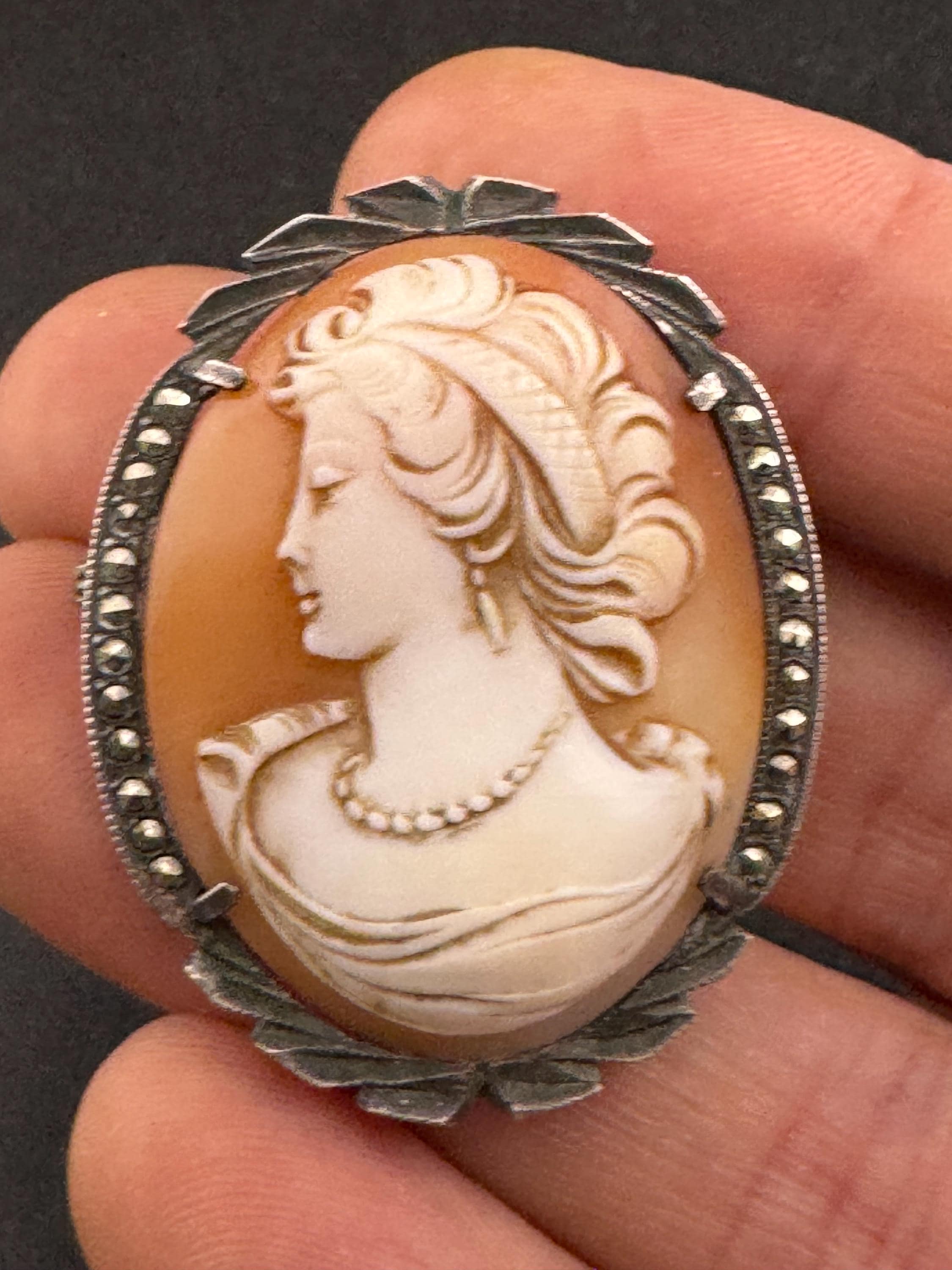 Antique Carved Cameo Brooch: 800 Continental Silver, Art Deco