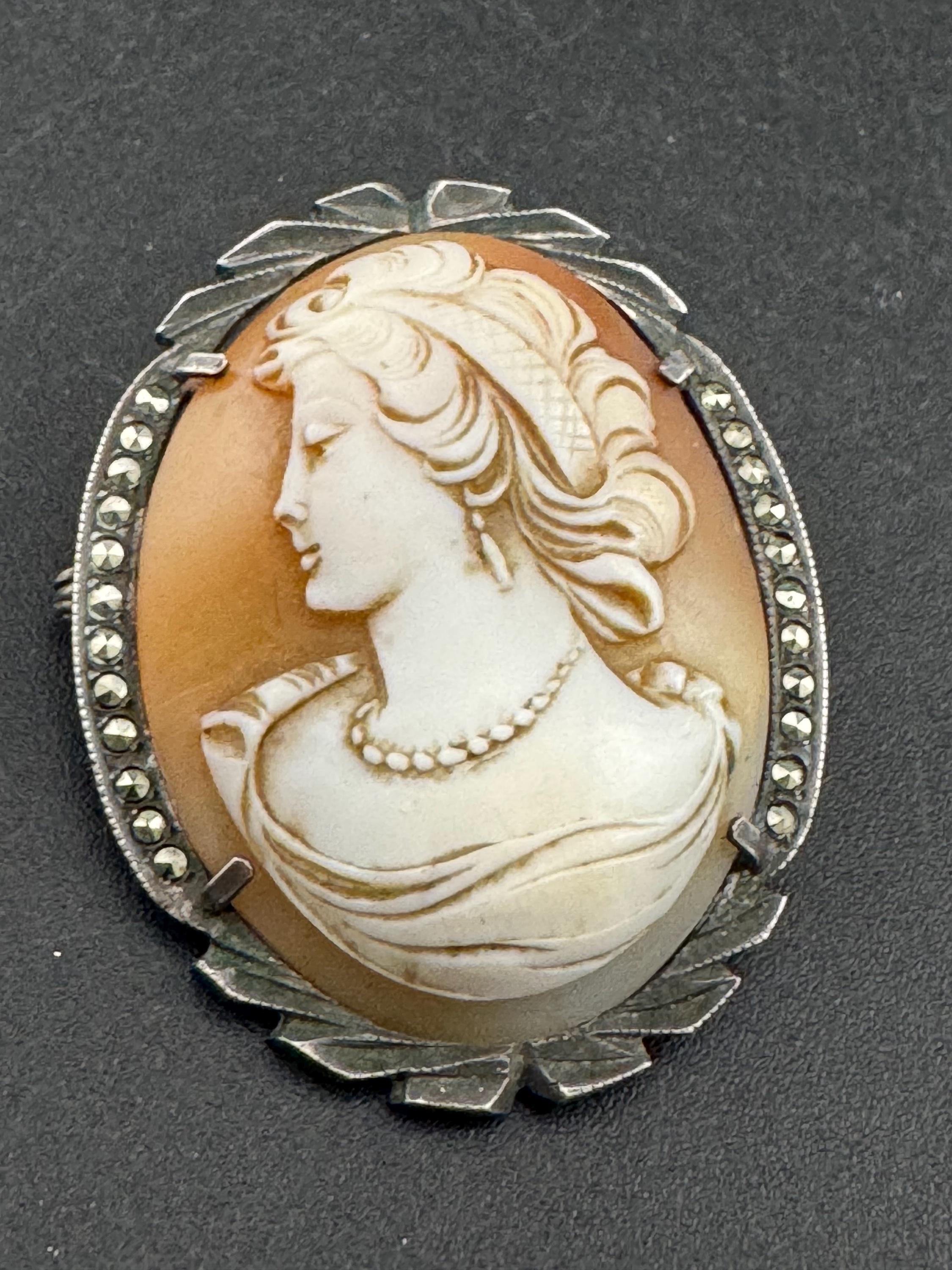 Antique Carved Cameo Brooch: 800 Continental Silver, Art Deco