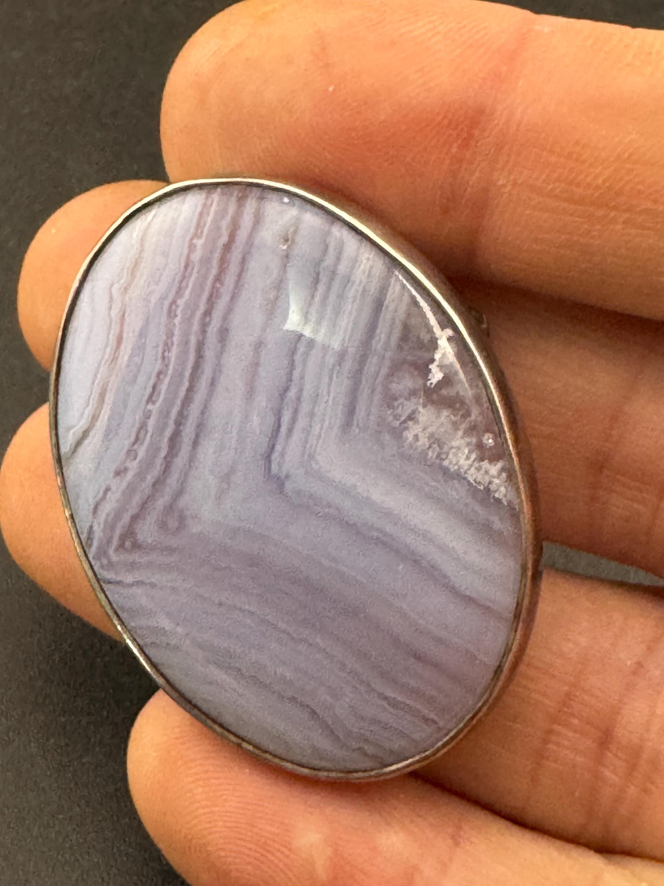 Antique silver white agate large oval brooch, 925 sterling