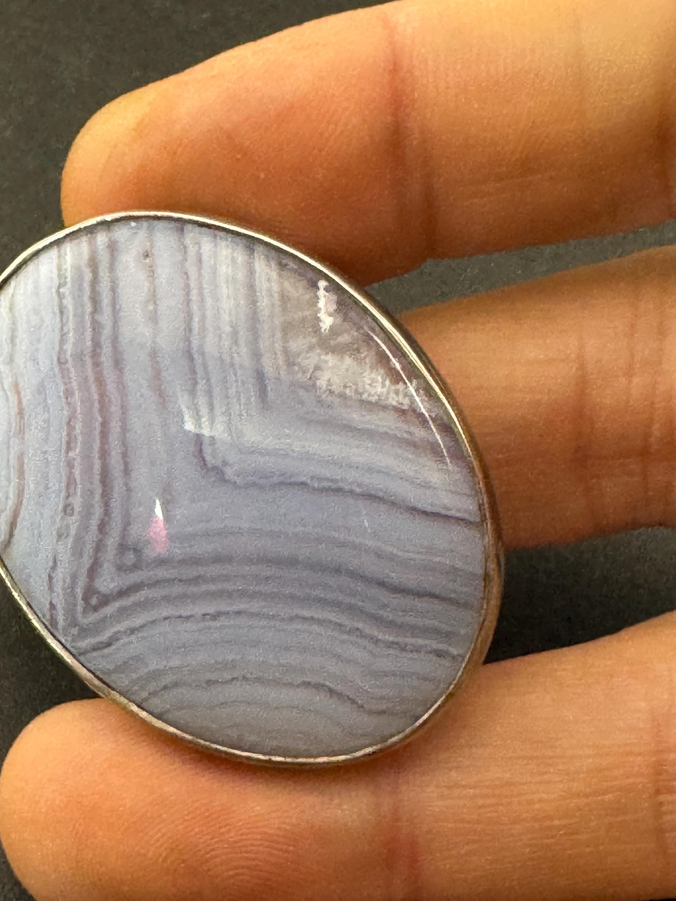 Antique silver white agate large oval brooch, 925 sterling