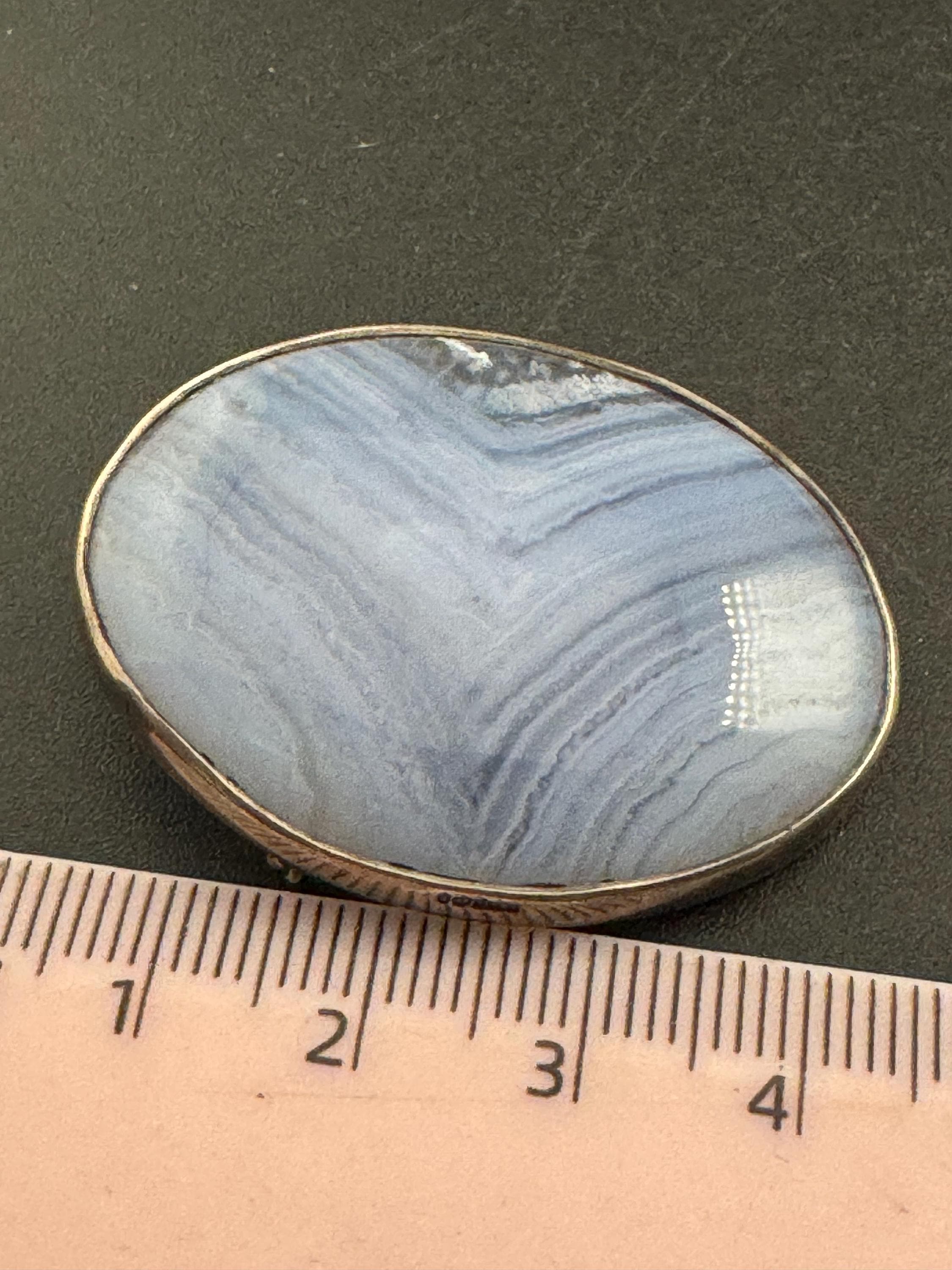 Antique silver white agate large oval brooch, 925 sterling