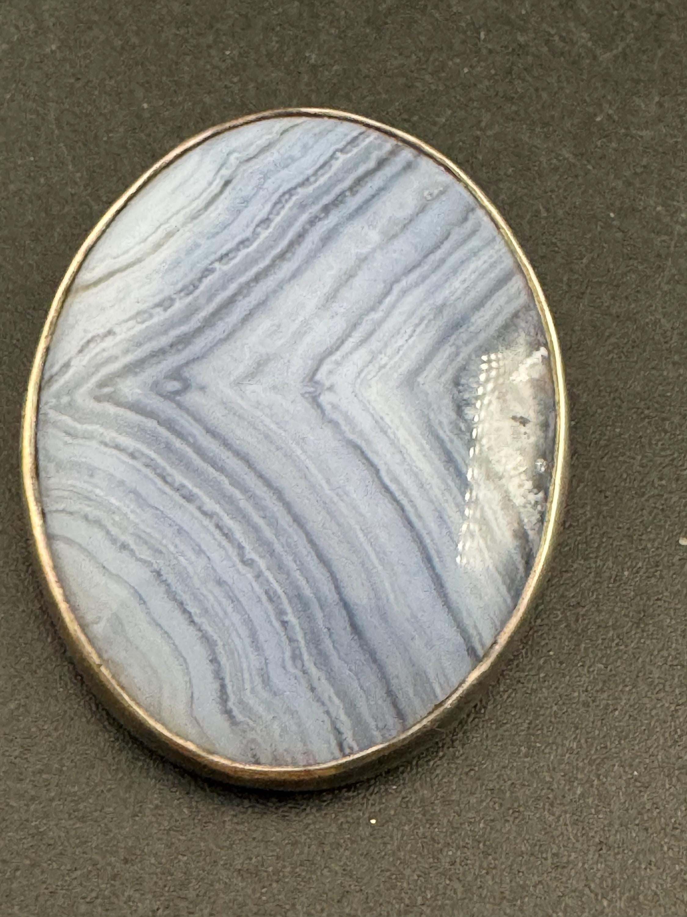 Antique silver white agate large oval brooch, 925 sterling