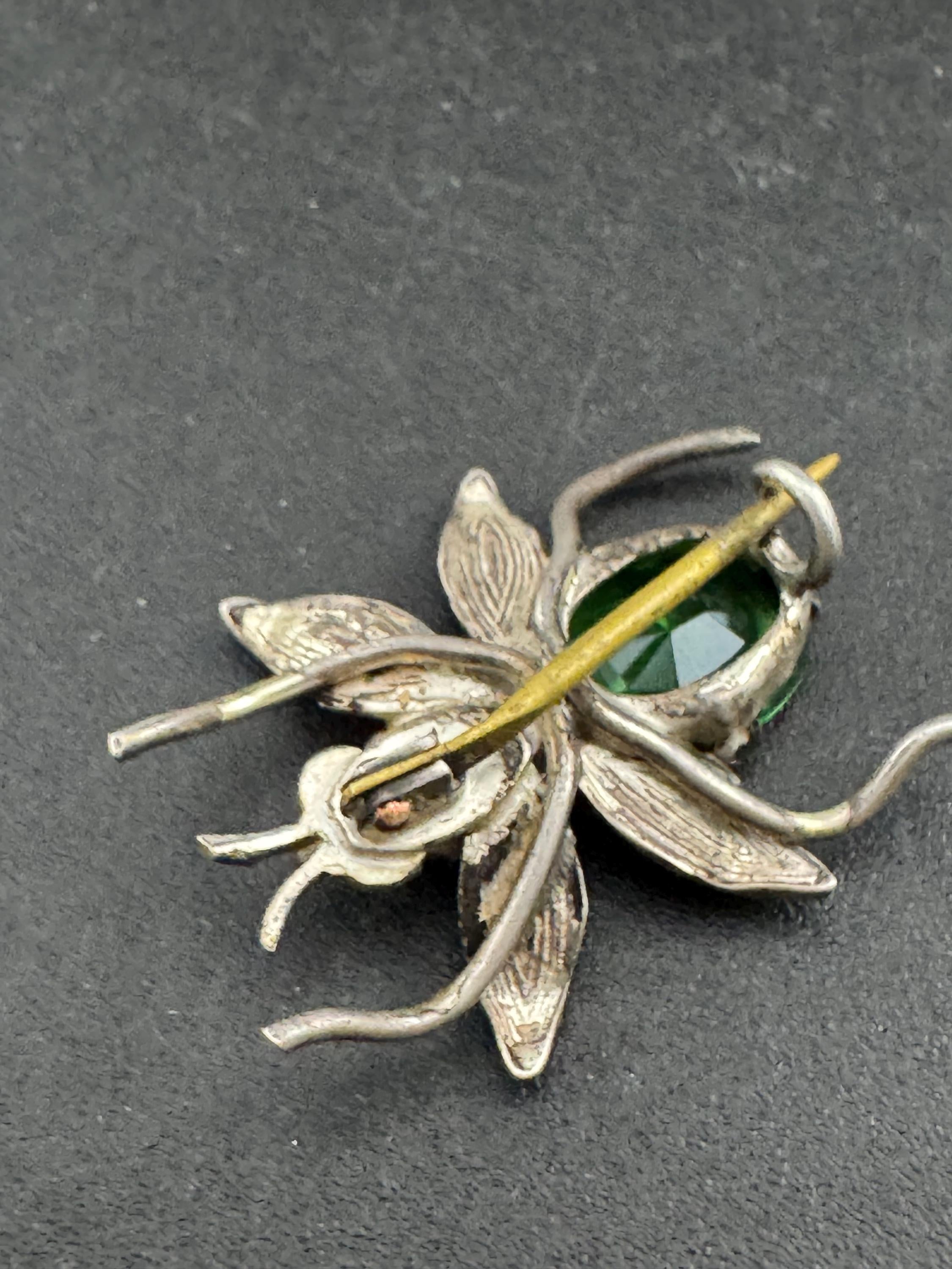 Vintage 925 emerald green fly bug brooch, Edwardian pink paste