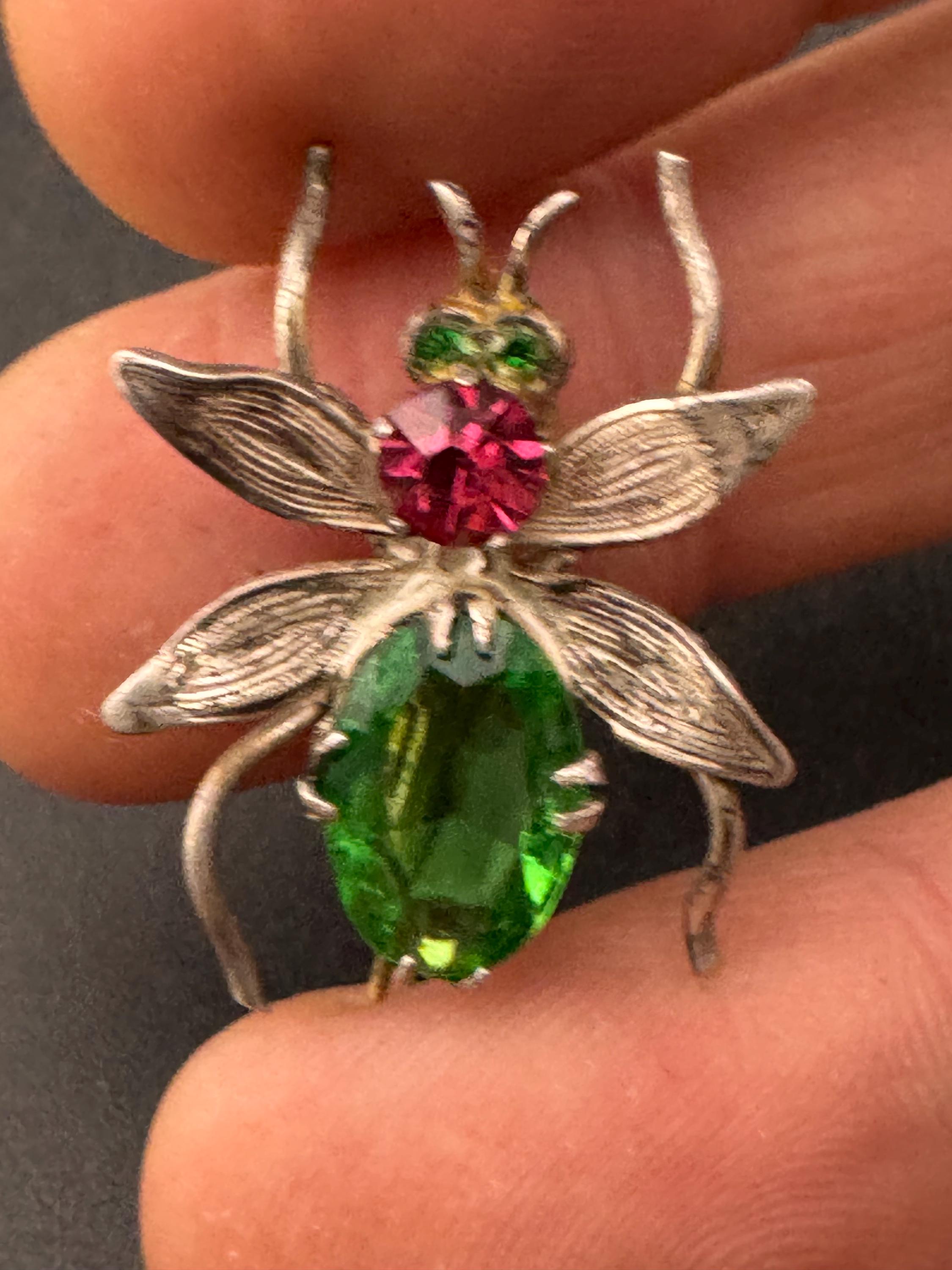 Vintage 925 emerald green fly bug brooch, Edwardian pink paste