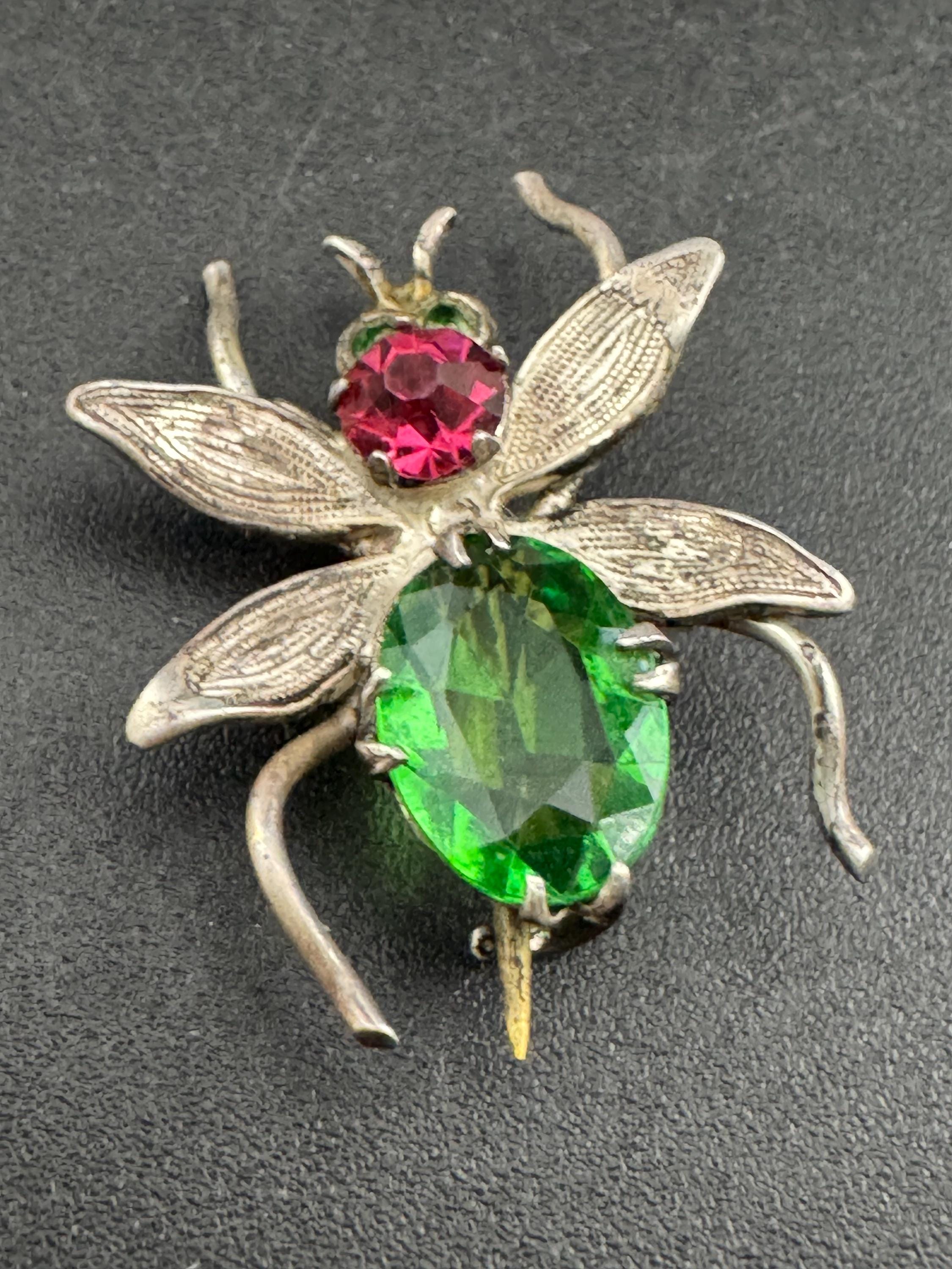 Vintage 925 emerald green fly bug brooch, Edwardian pink paste