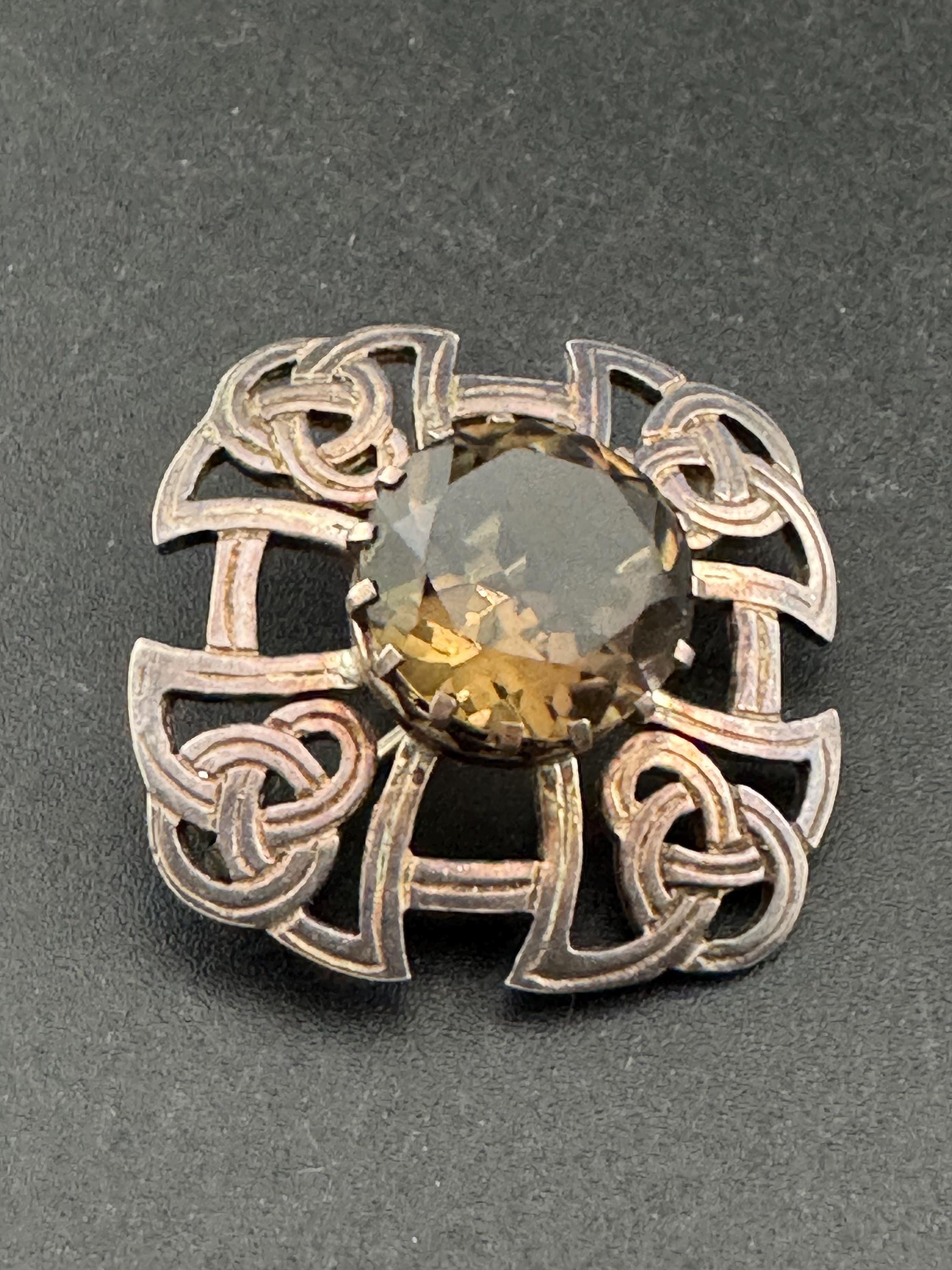 HE Smokey quartz gemstone sterling silver scottish celtic brooch, Thomas Kerr Ebbutt 1978