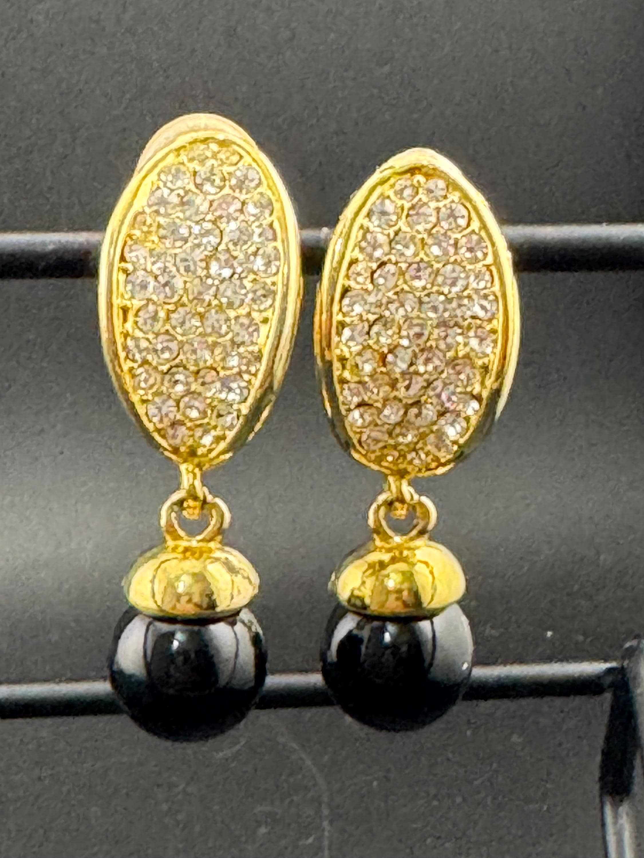 Vintage clear diamanté black ball clip on earrings, dangly drop