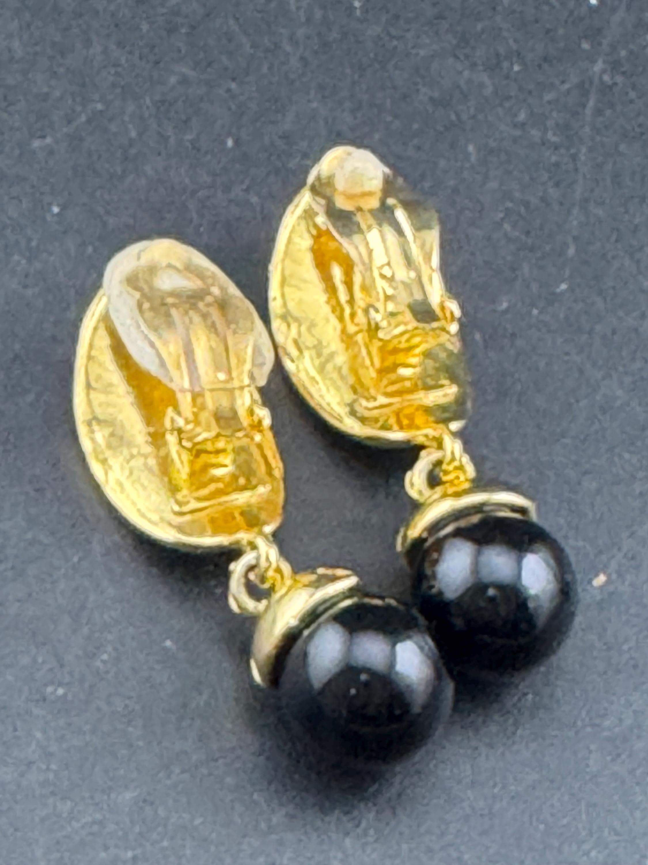 Vintage clear diamanté black ball clip on earrings, dangly drop