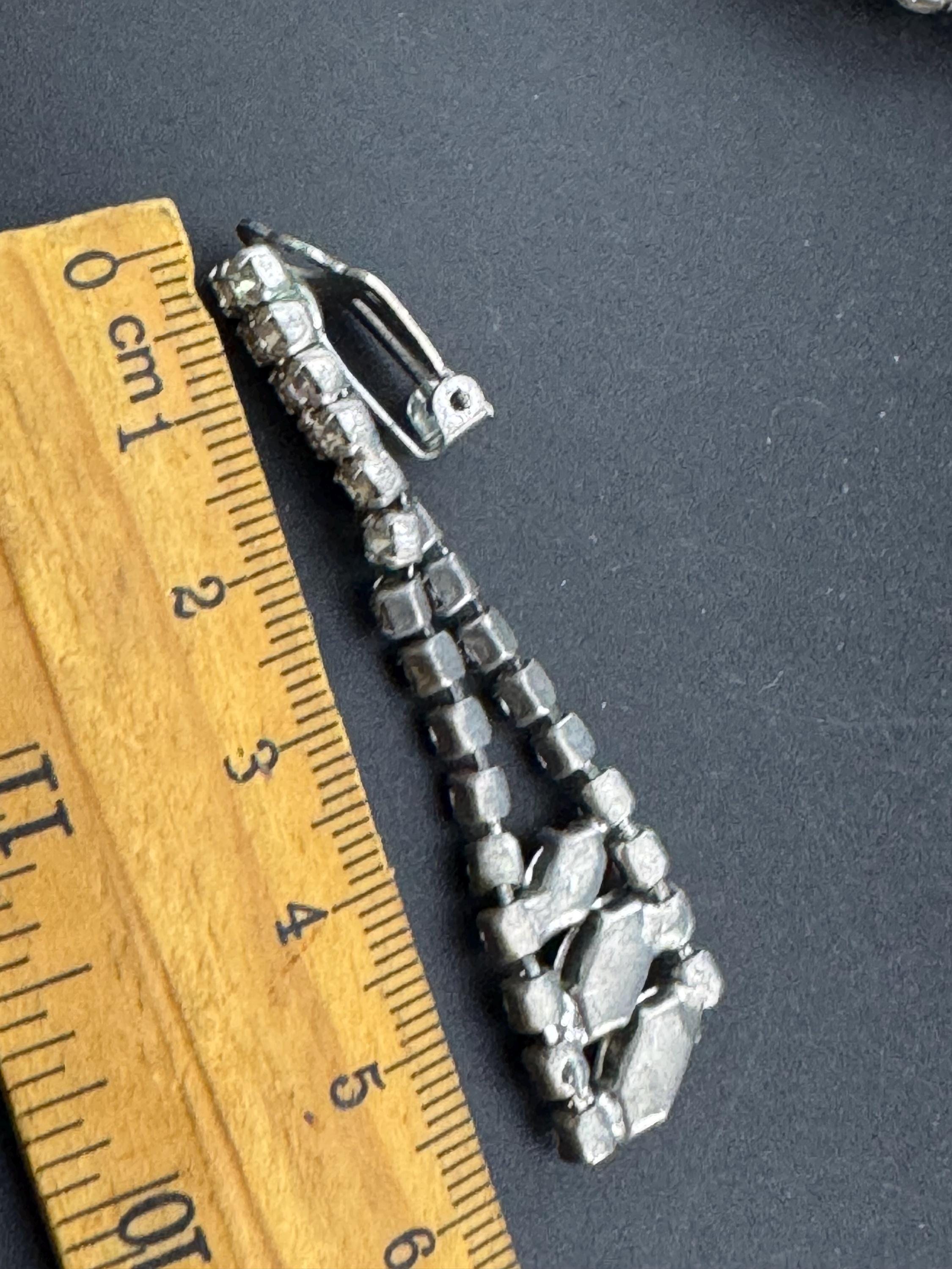 Vintage Rhinestone long Drop Clip on Earrings, 6cm silver tone