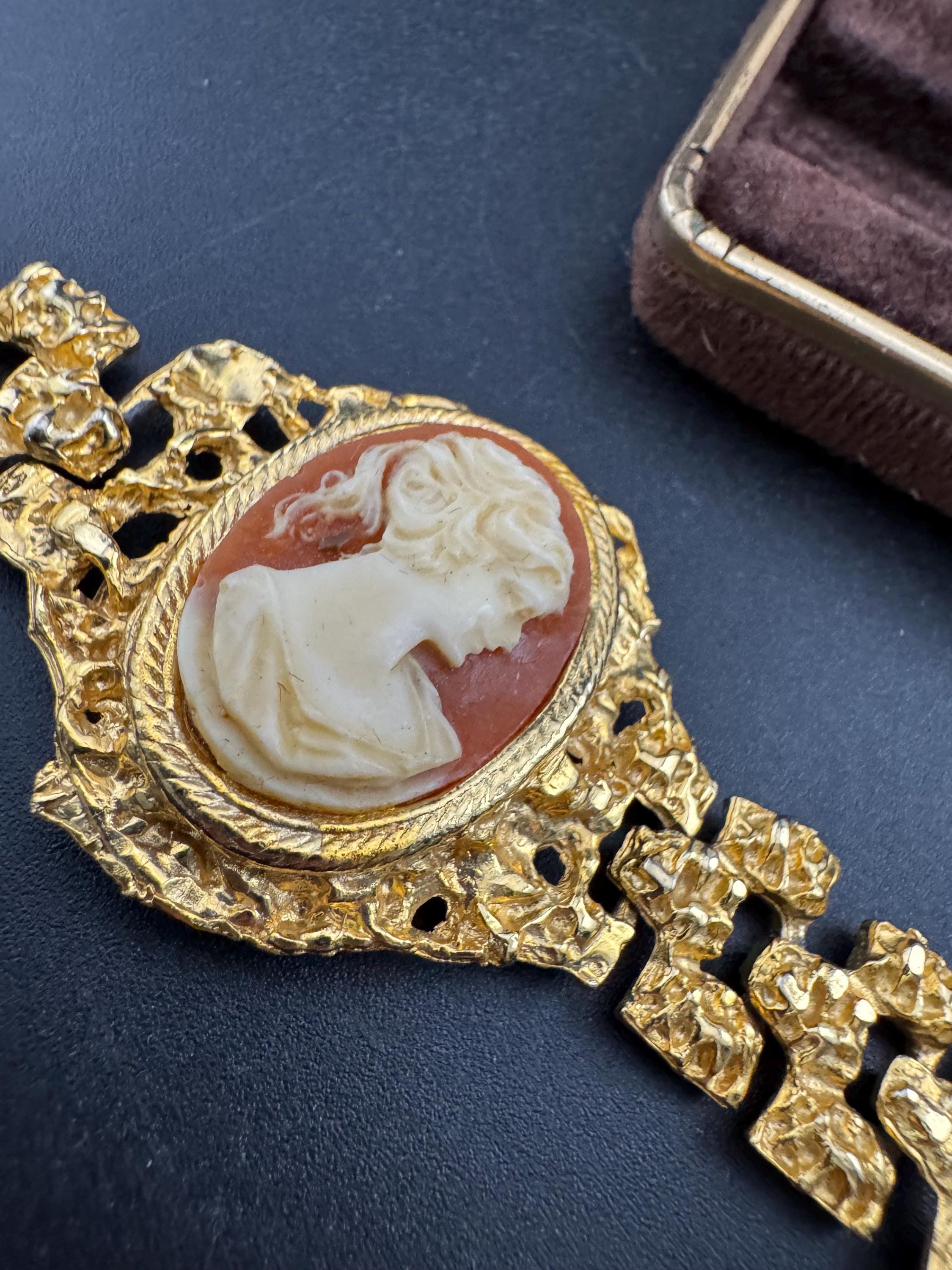 22Kt CAMEO bracelet & brutalist choker , gold plated jewelry set