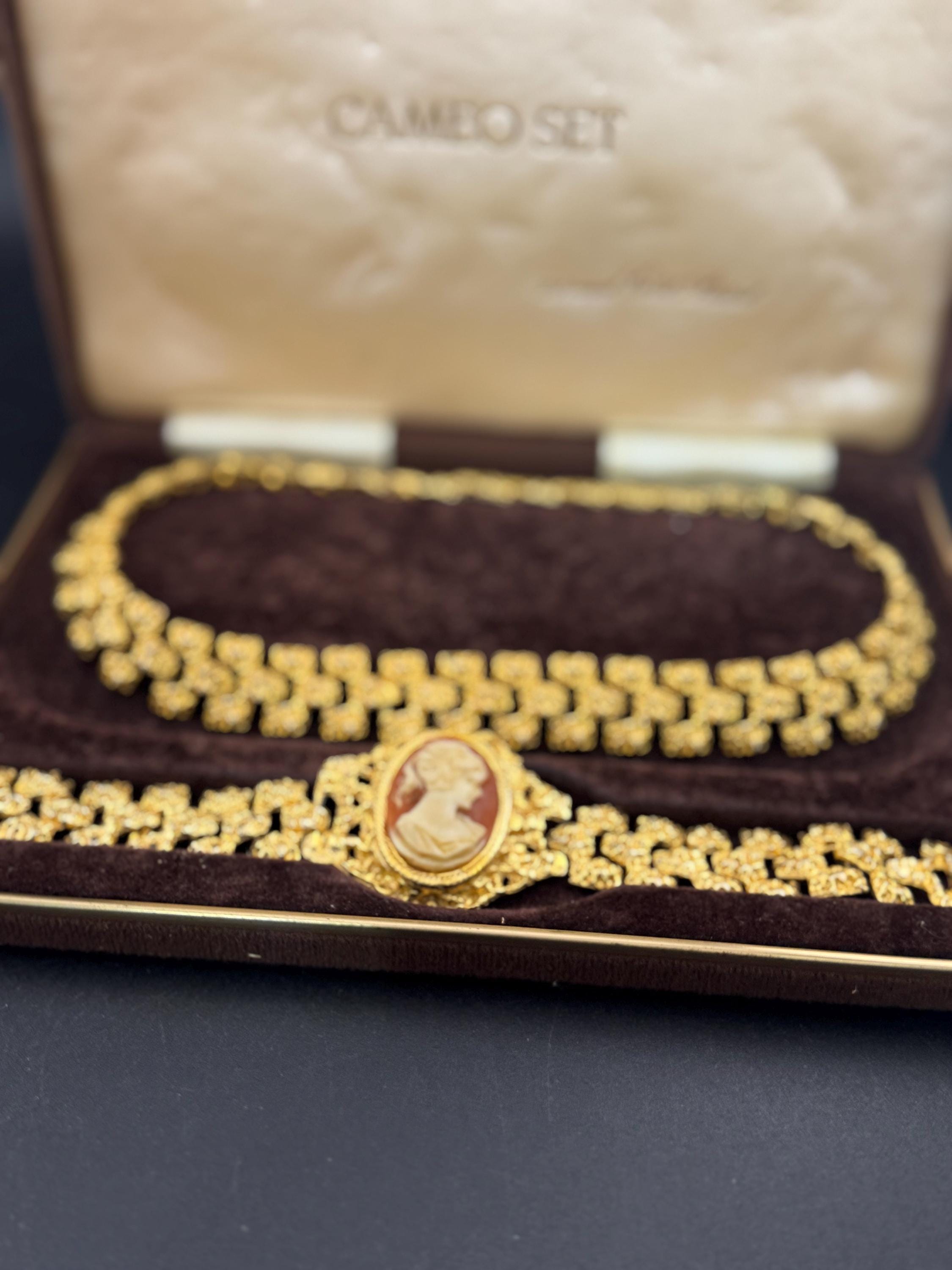 22Kt CAMEO bracelet & brutalist choker , gold plated jewelry set