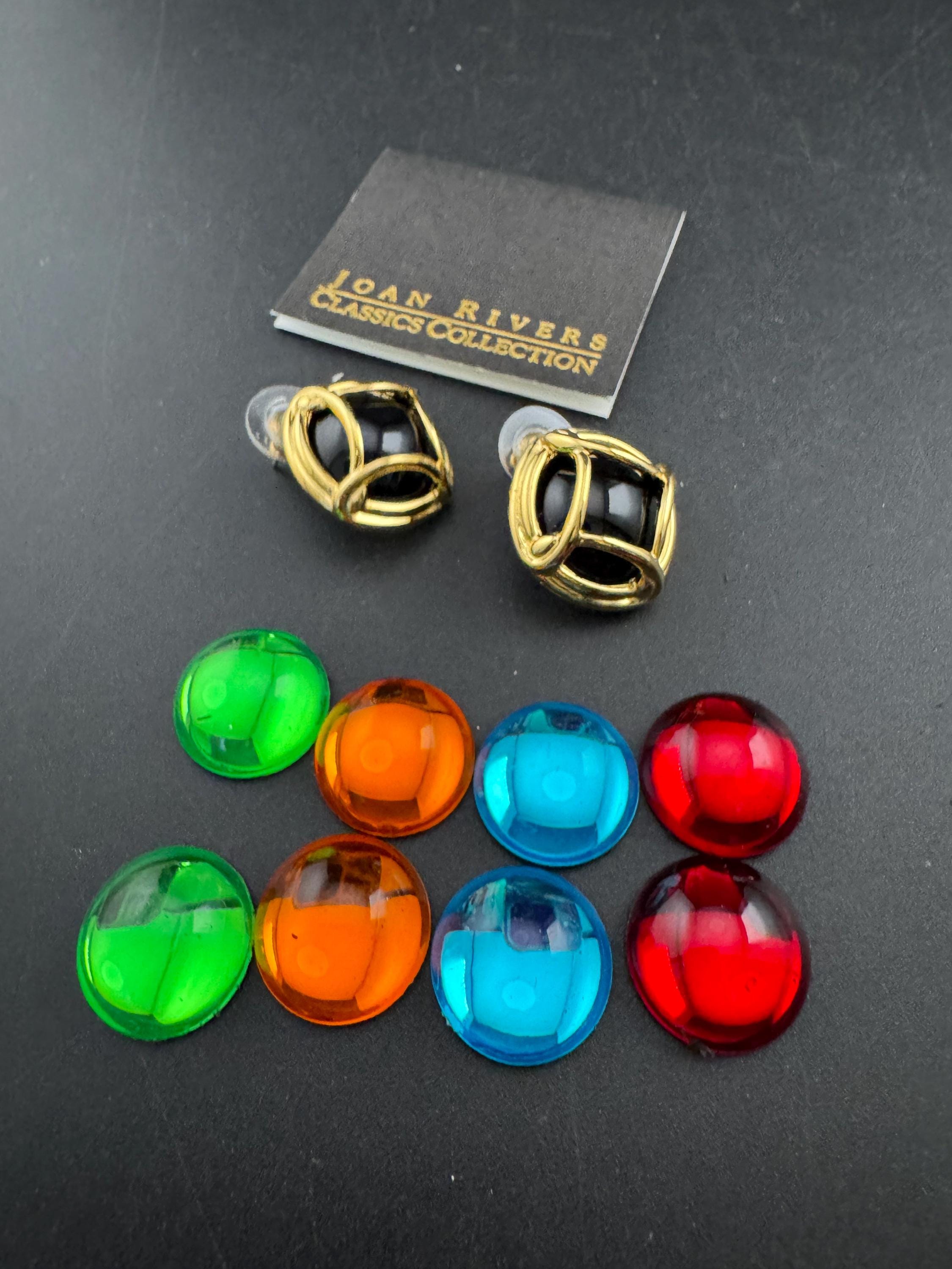 Signed Joan rivers set of interchangeable coloured cabochon stud earrings, Pierced ears