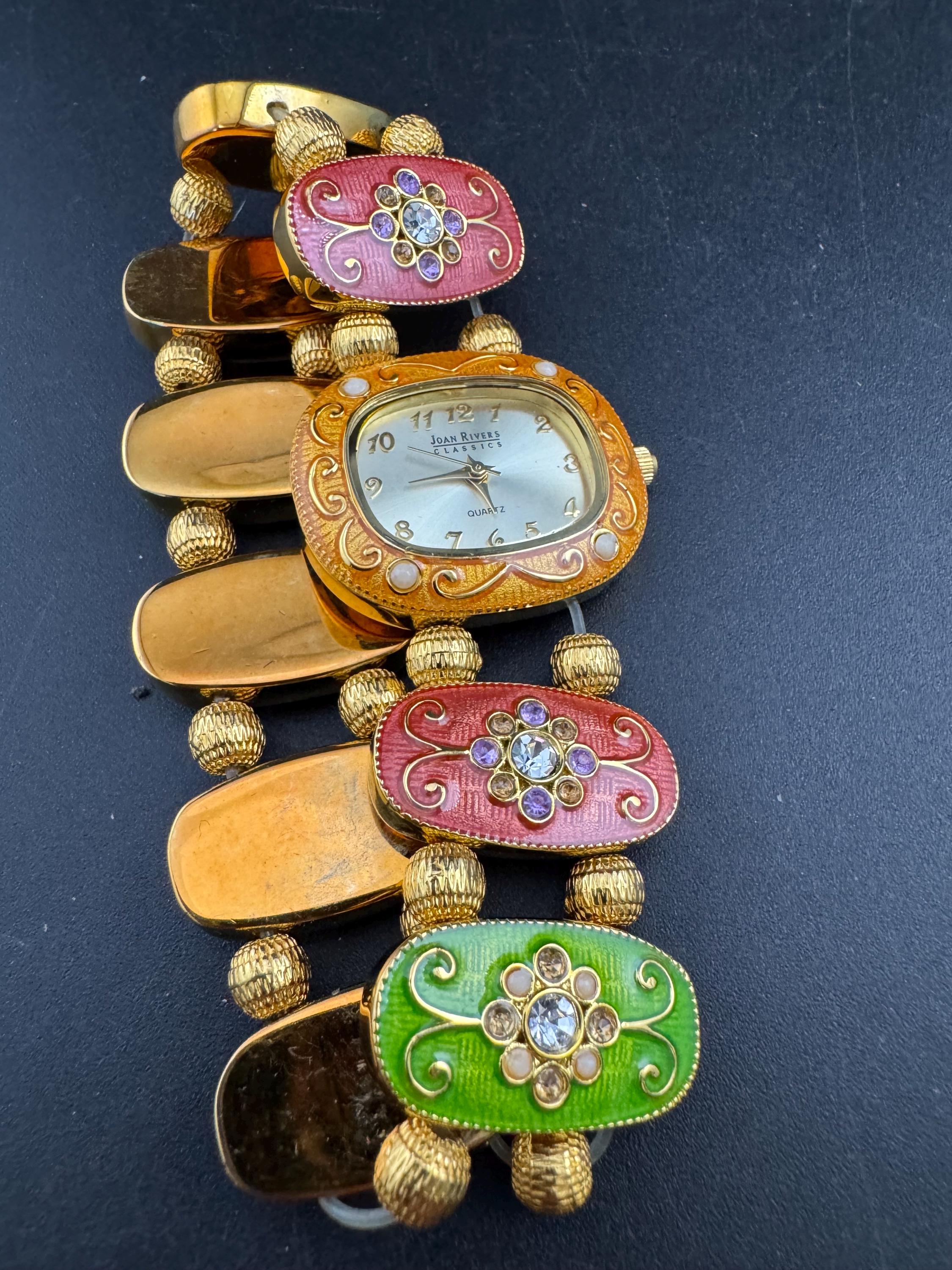 Signed Joan rivers enamelled floral panel link bracelet watch, elasticated