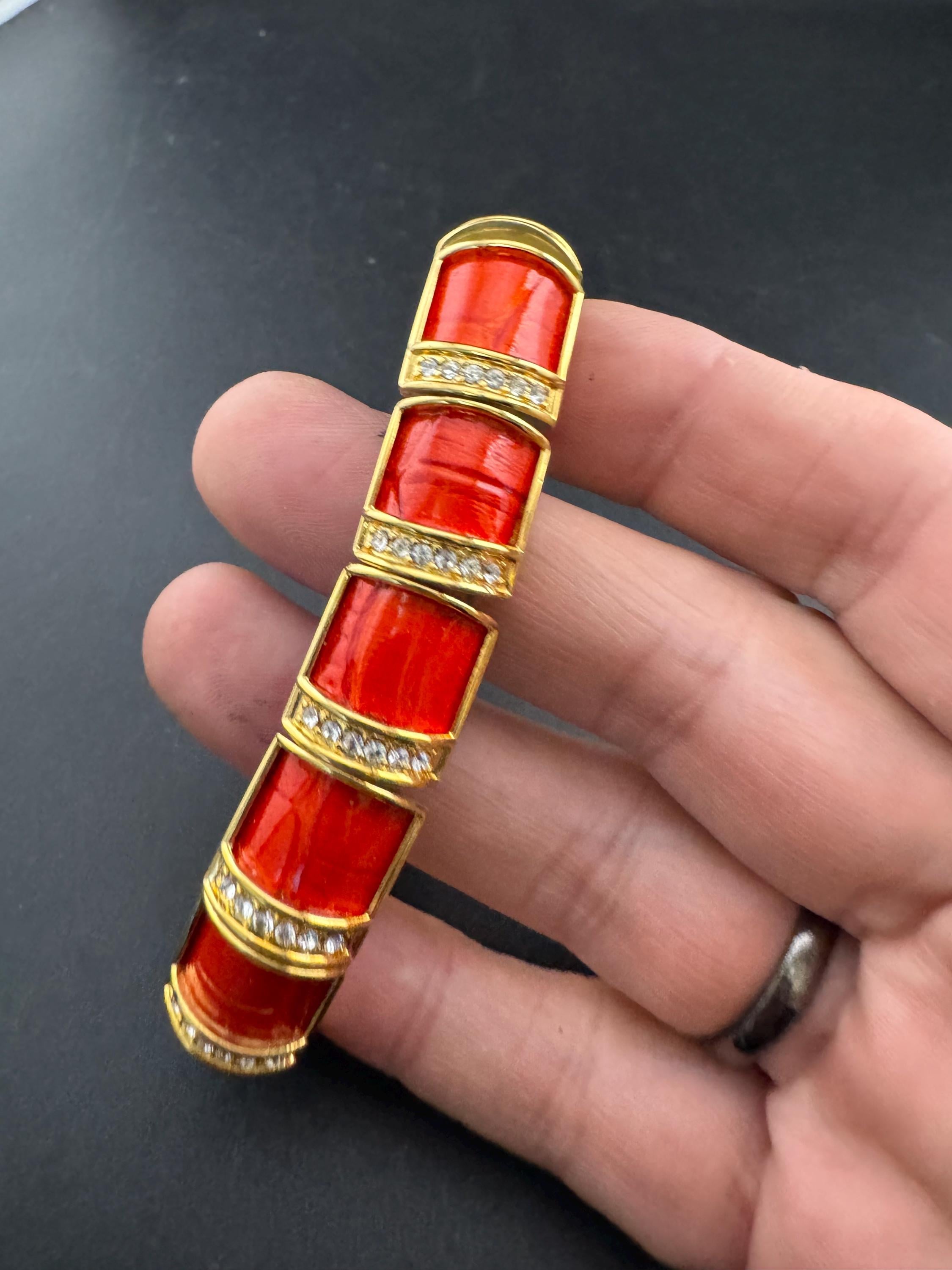 Joan rivers red enamel rhinestone stretch bangle bracelet , gold plated