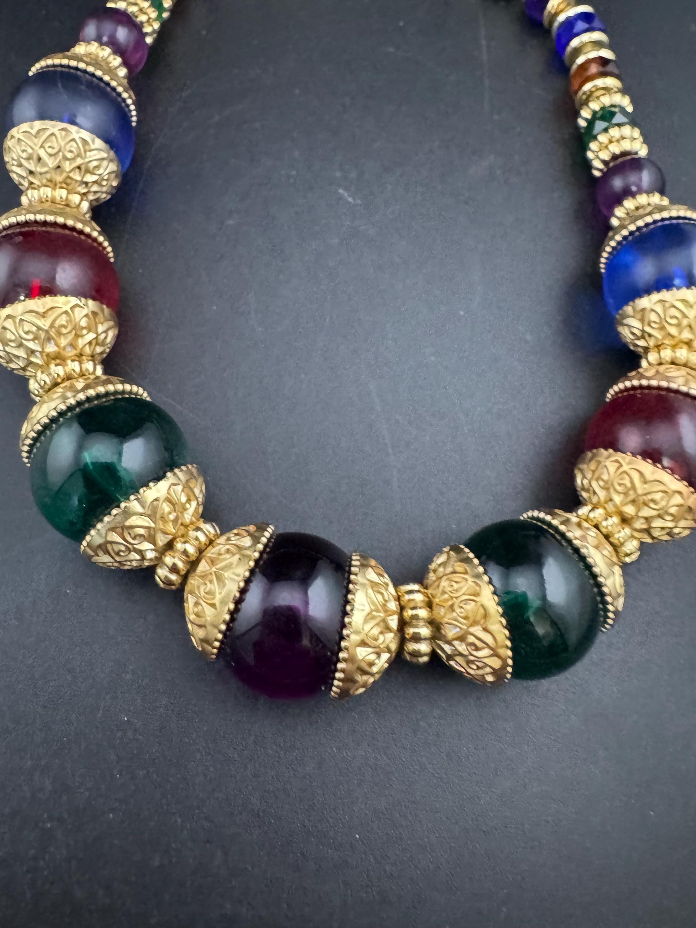 Vintage oversized red blue green acrylic bead statement necklace