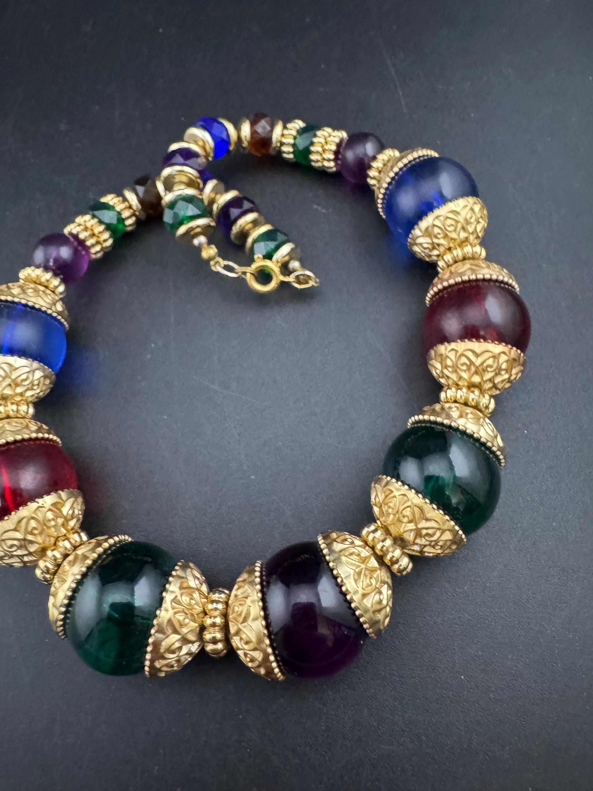 Vintage oversized red blue green acrylic bead statement necklace