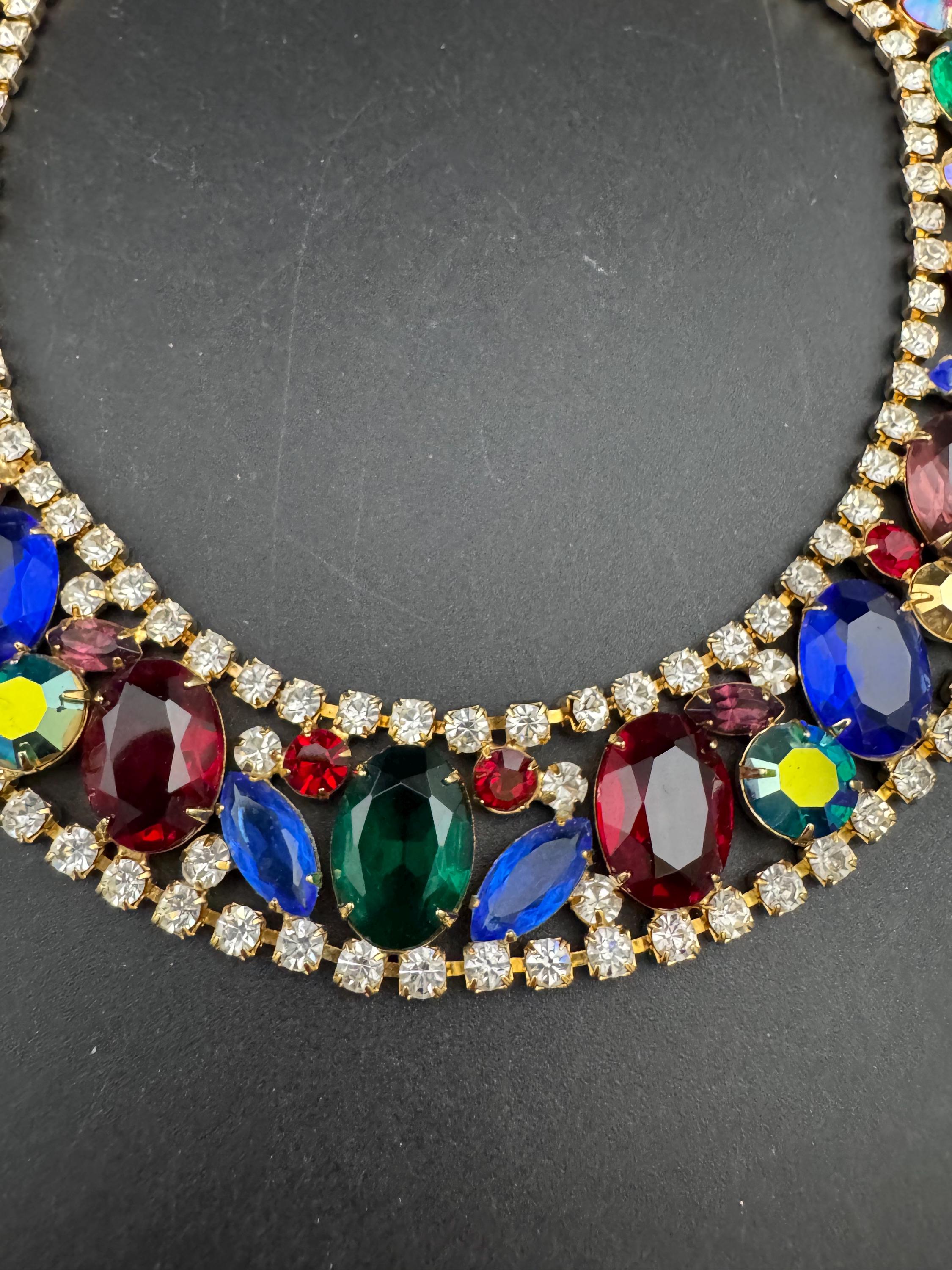 Vintage rainbow rhinestone wide gold choker necklace, red blue green open back