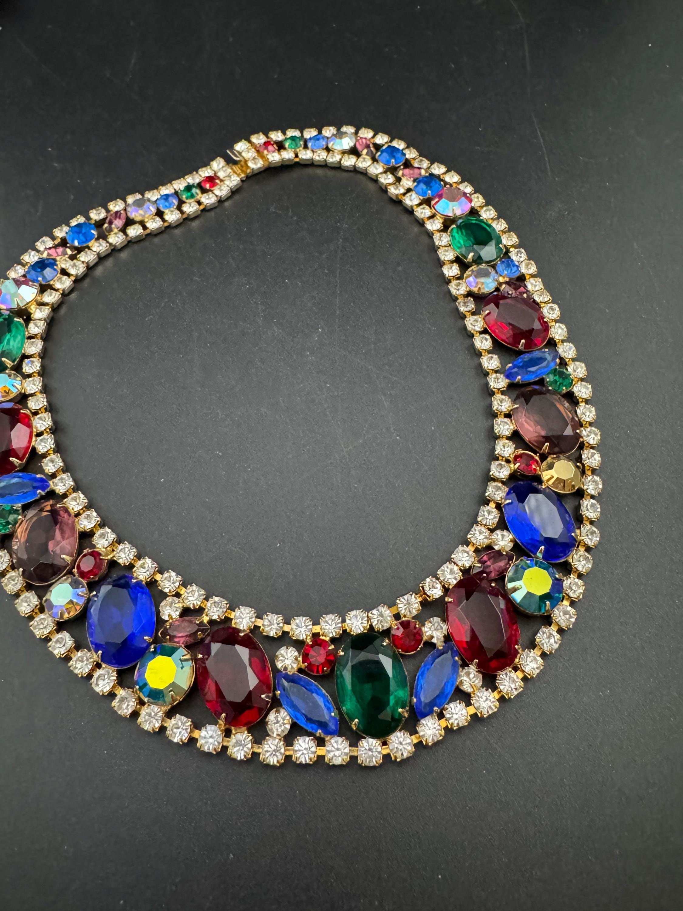 Vintage rainbow rhinestone wide gold choker necklace, red blue green open back