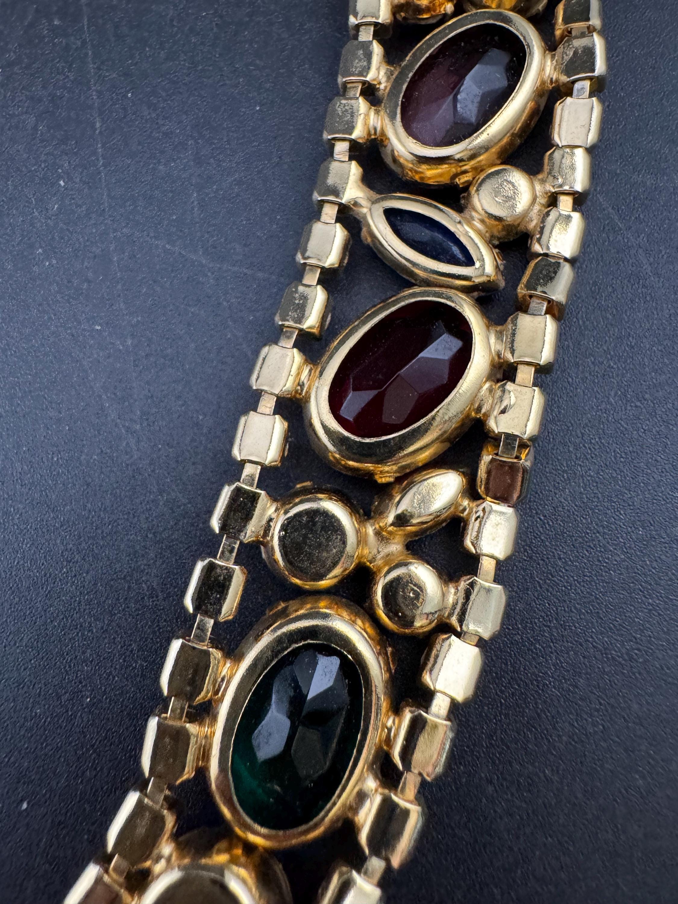 Vintage rainbow rhinestone wide gold choker necklace, red blue green open back