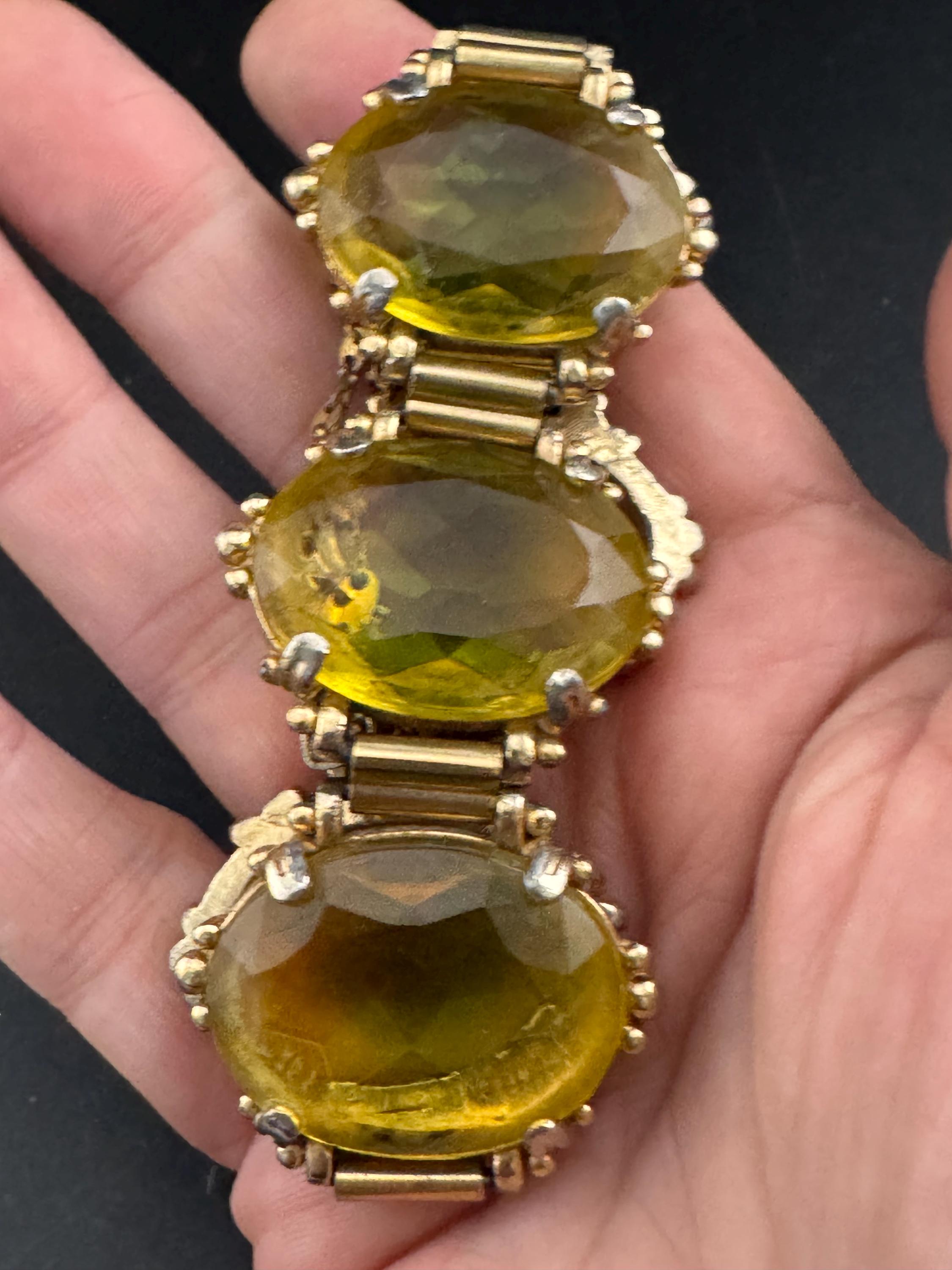 Vintage oversized amber yellow Glass Cabochon cocktail bracelet